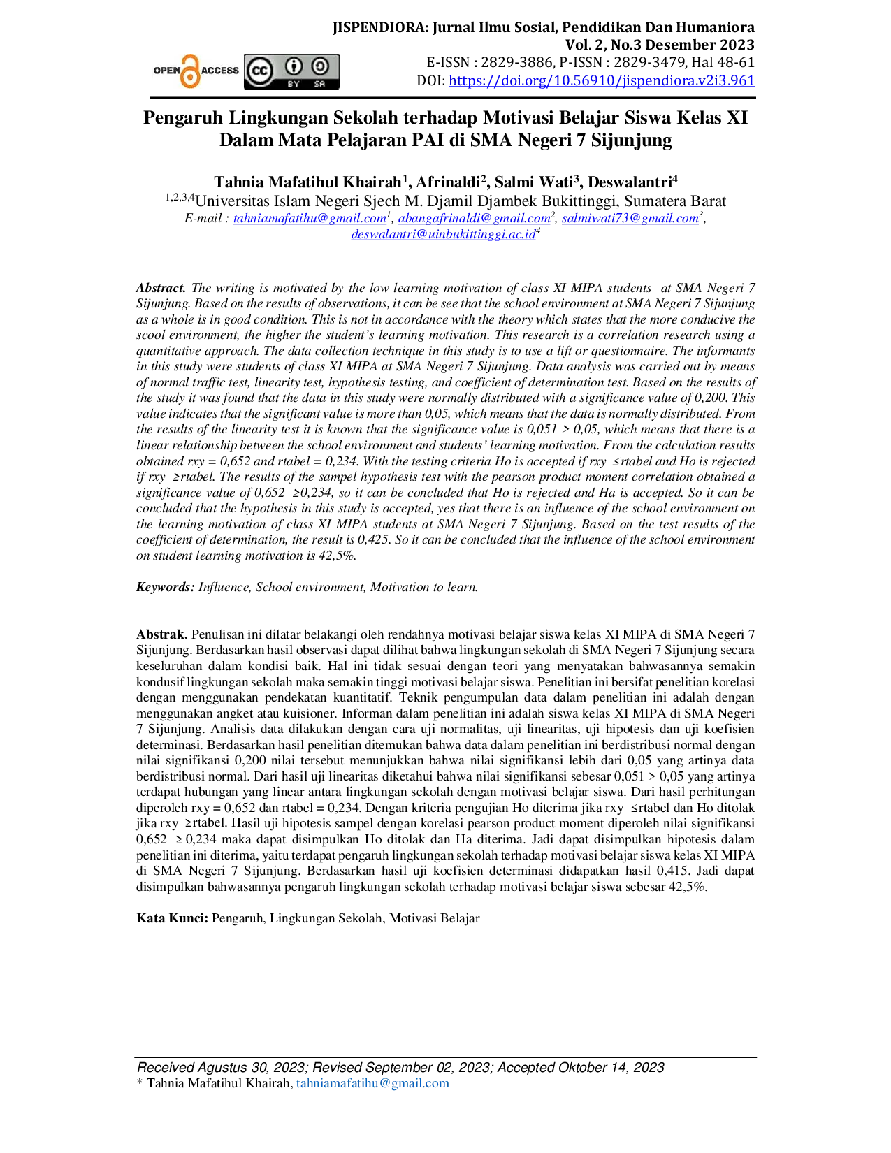 JURIS Pengaruh Lingkungan Sekolah terhadap Motivasi Belajar Siswa Kelas XI Dalam Mata Pelajaran PAI di SMA Negeri 7 Sijunjung