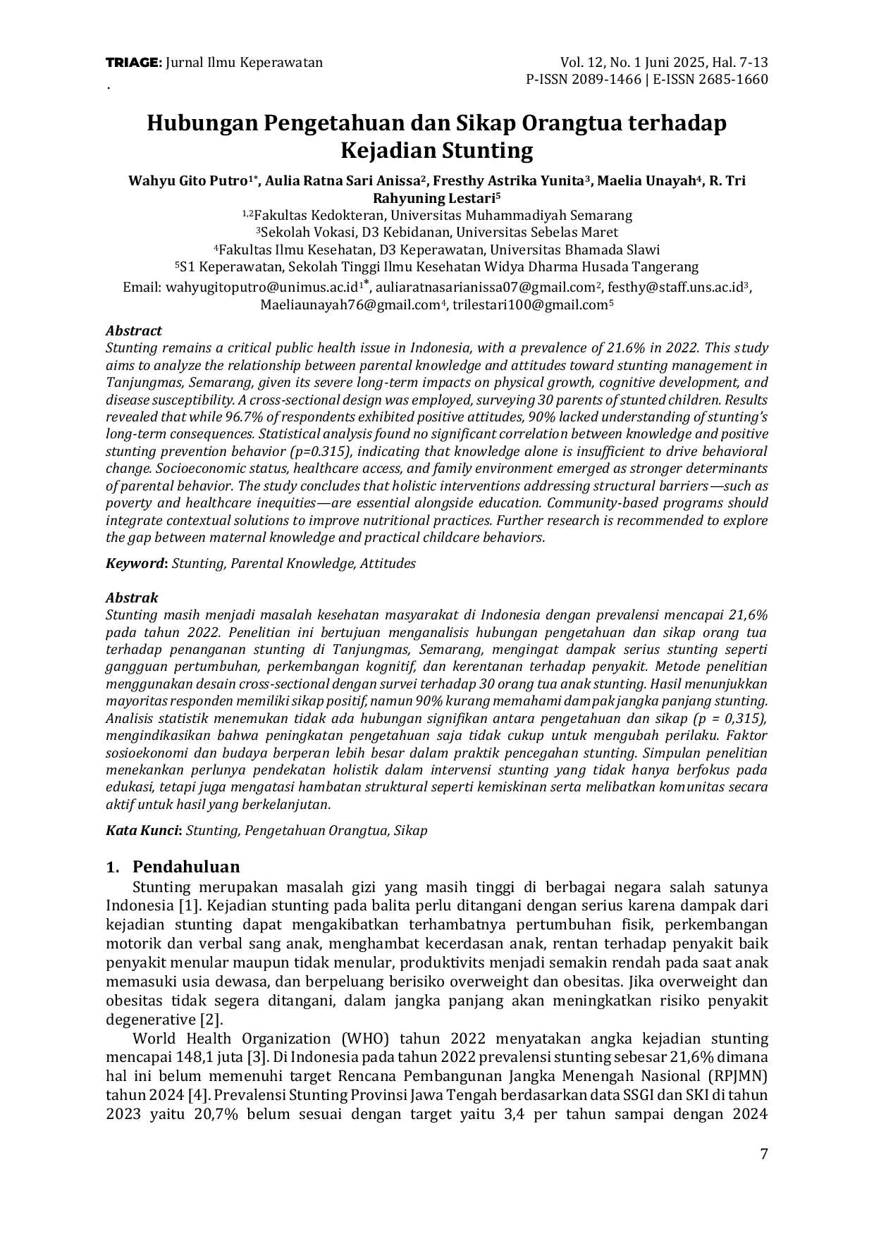 JURIS Hubungan Pengetahuan dan Sikap Orangtua terhadap Kejadian Stunting