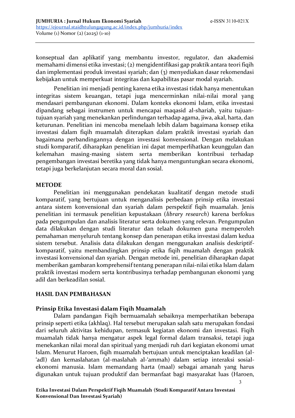 JURIS ETIKA INVESTASI DALAM PERSPEKTIF FIQIH MUAMALAH Studi Komparatif Antara Investasi Konvensional dan Investasi Syariah