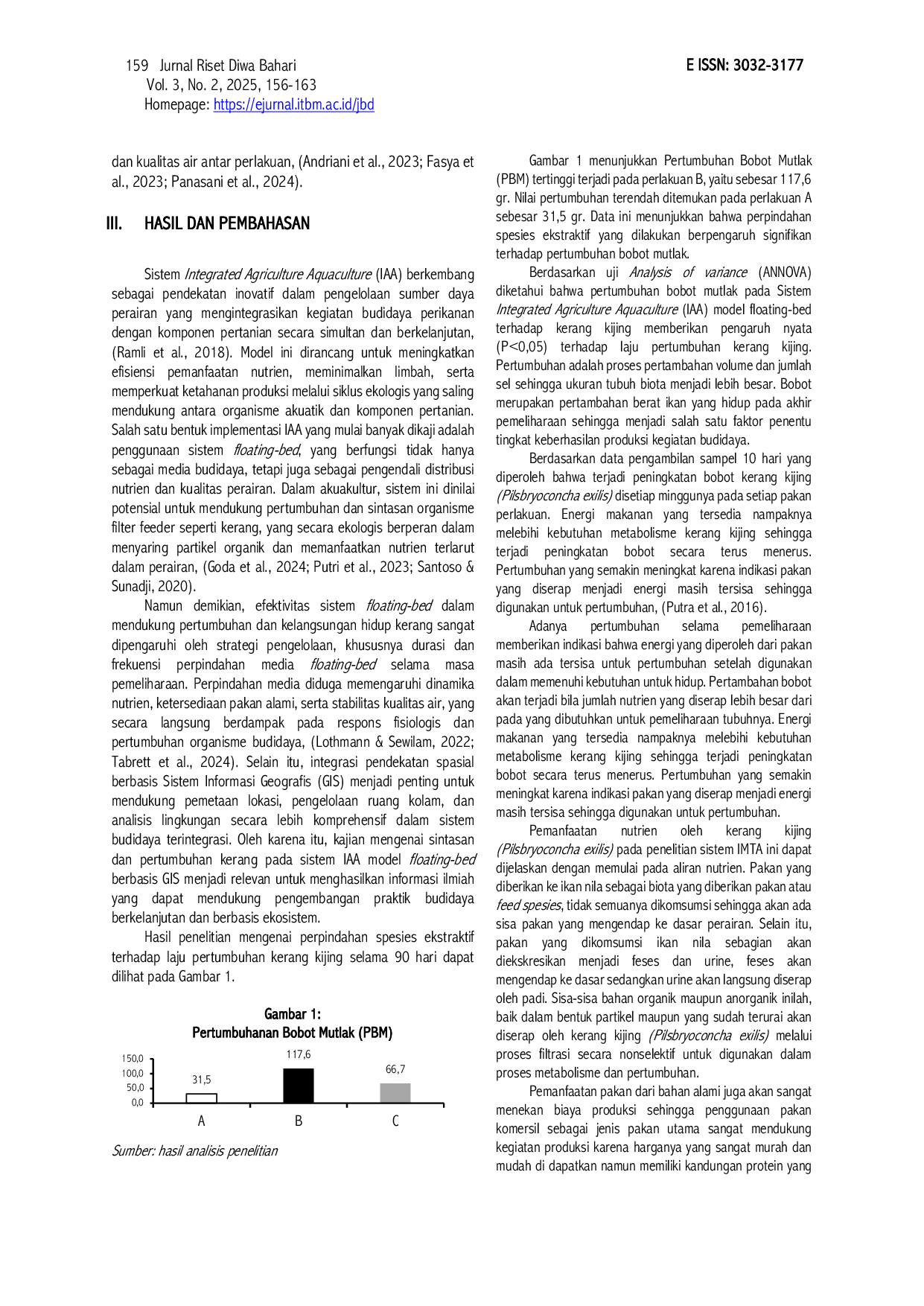 JURIS Analasis Sintasan dan Pertumbuhan Kerang Pada Sistem Integrated Agriculture Aquakulture IAA Model Floating Bed Berbasis GIS