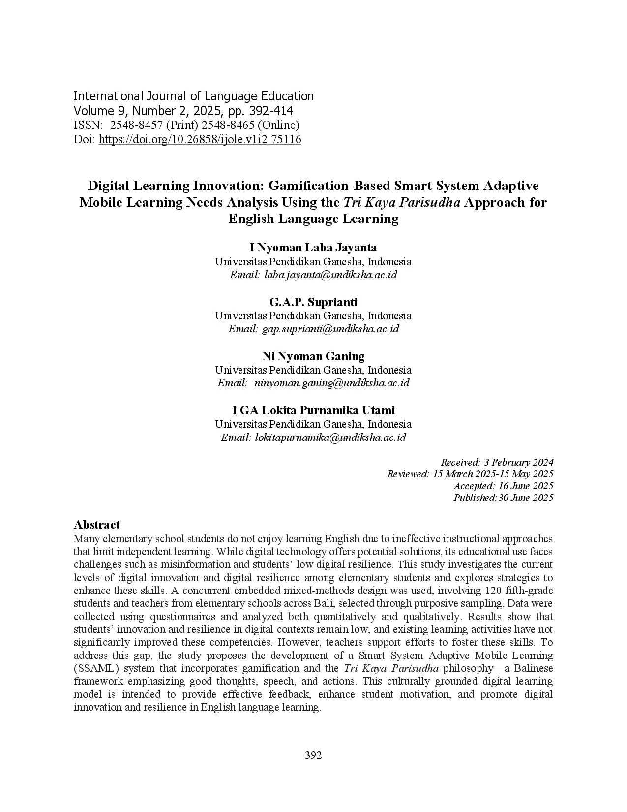 juris Digital Learning Innovation Gamification Based Smart System Adaptive Mobile Learning Needs Analysis Using the Tri Kaya Parisudha Approach for English Language Learning