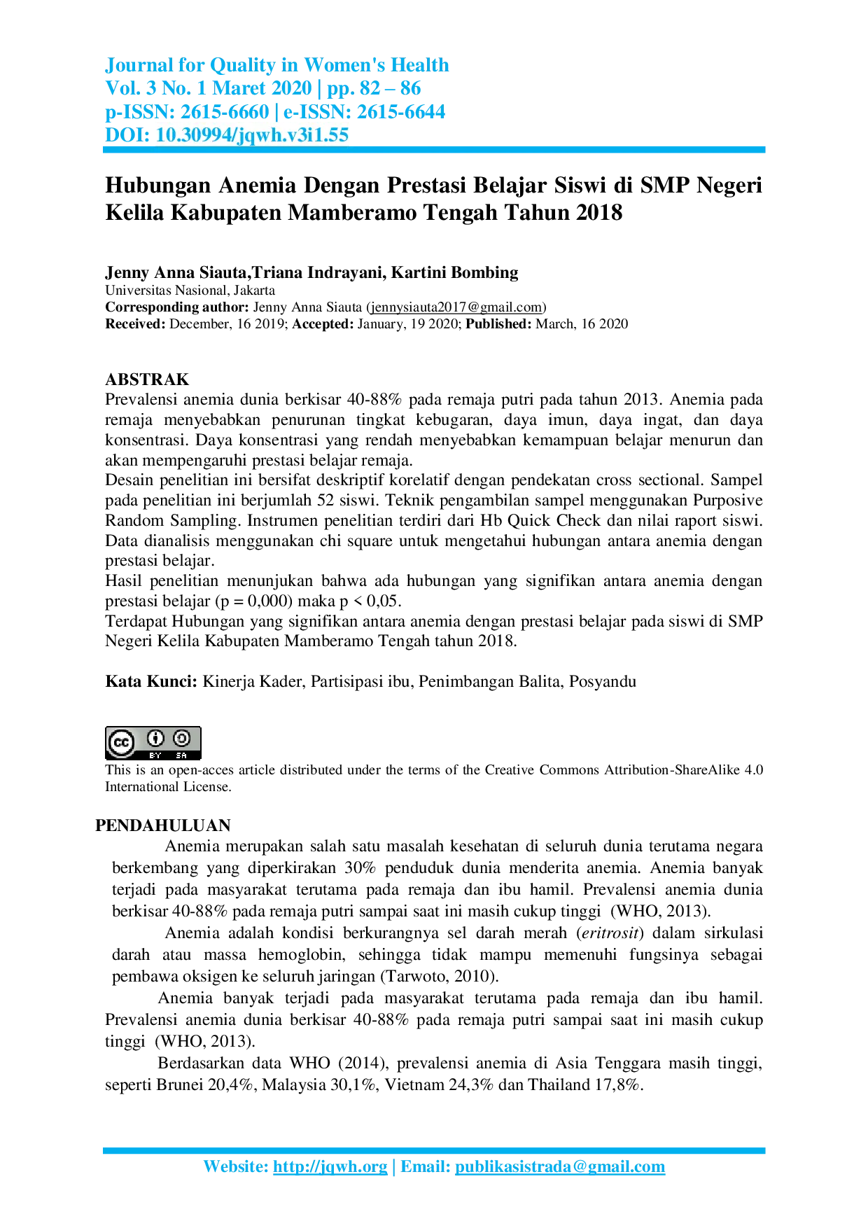 JURIS Hubungan Anemia Dengan Prestasi Belajar Siswi di SMP Negeri Kelila Kabupaten Mamberamo Tengah Tahun 2018