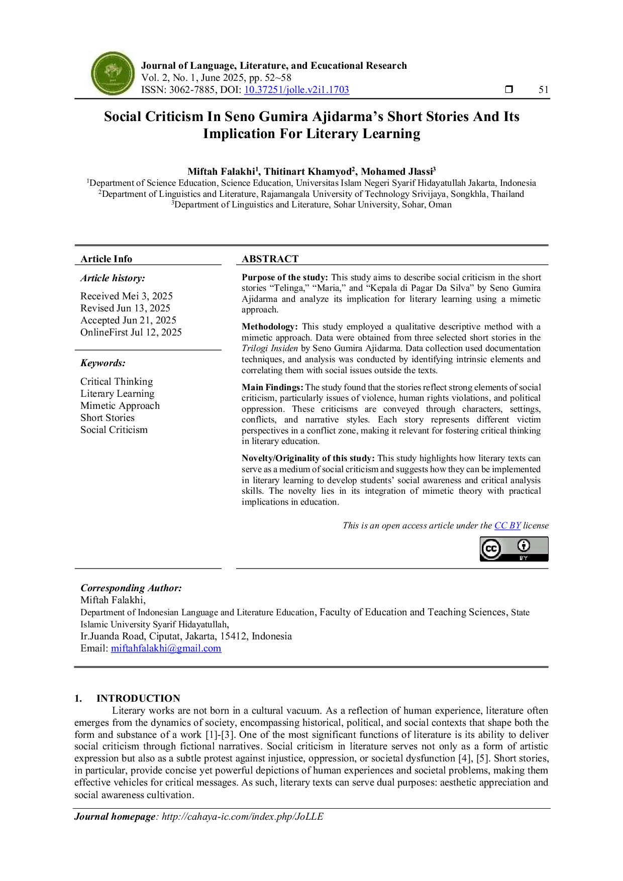 JURIS Social Criticism In Seno Gumira Ajidarma s Short Stories And Its Implication For Literary Learning