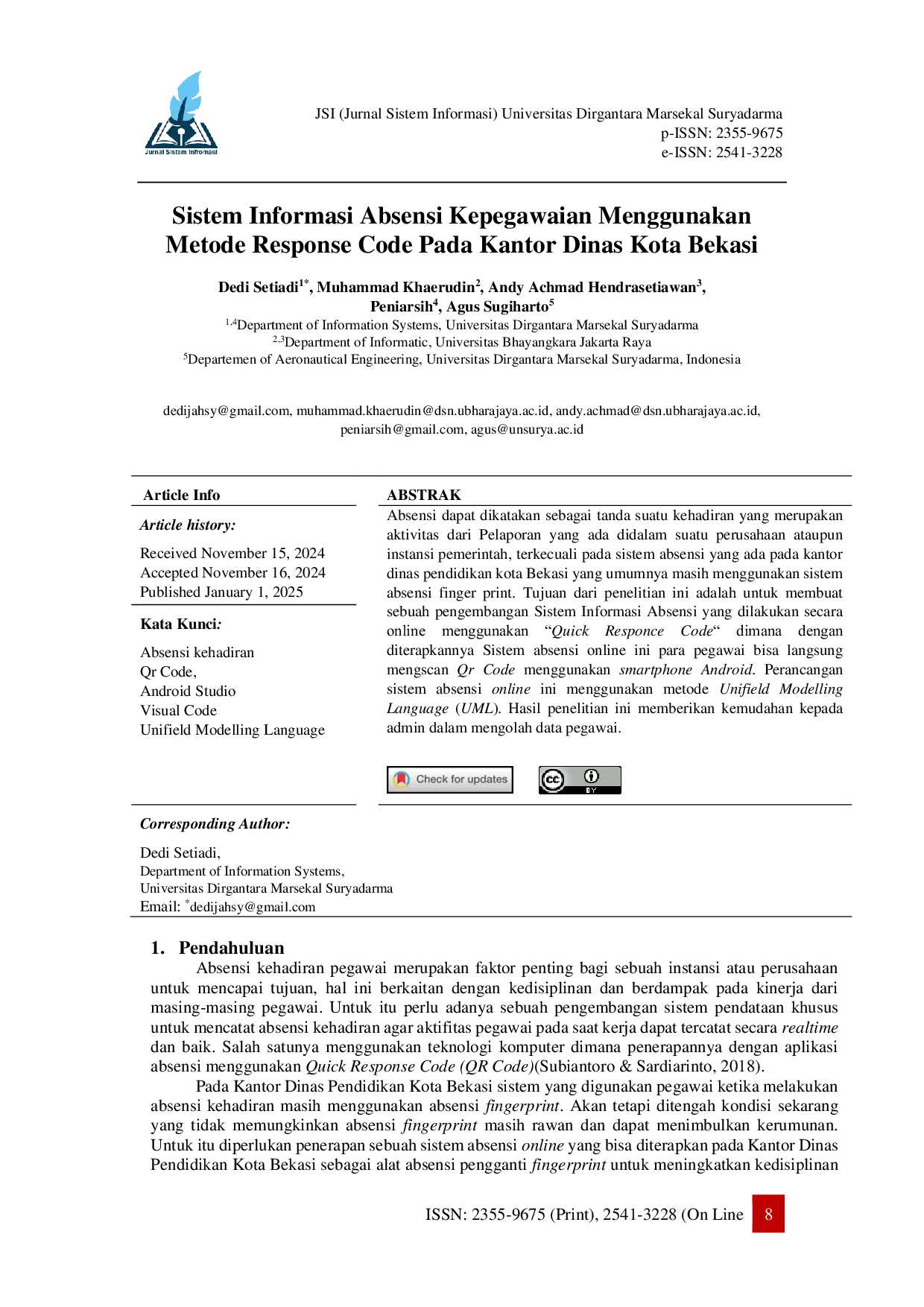 JURIS Sistem Informasi Absensi Kepegawaian Menggunakan Metode Response Code Pada Kantor Dinas Kota Bekasi