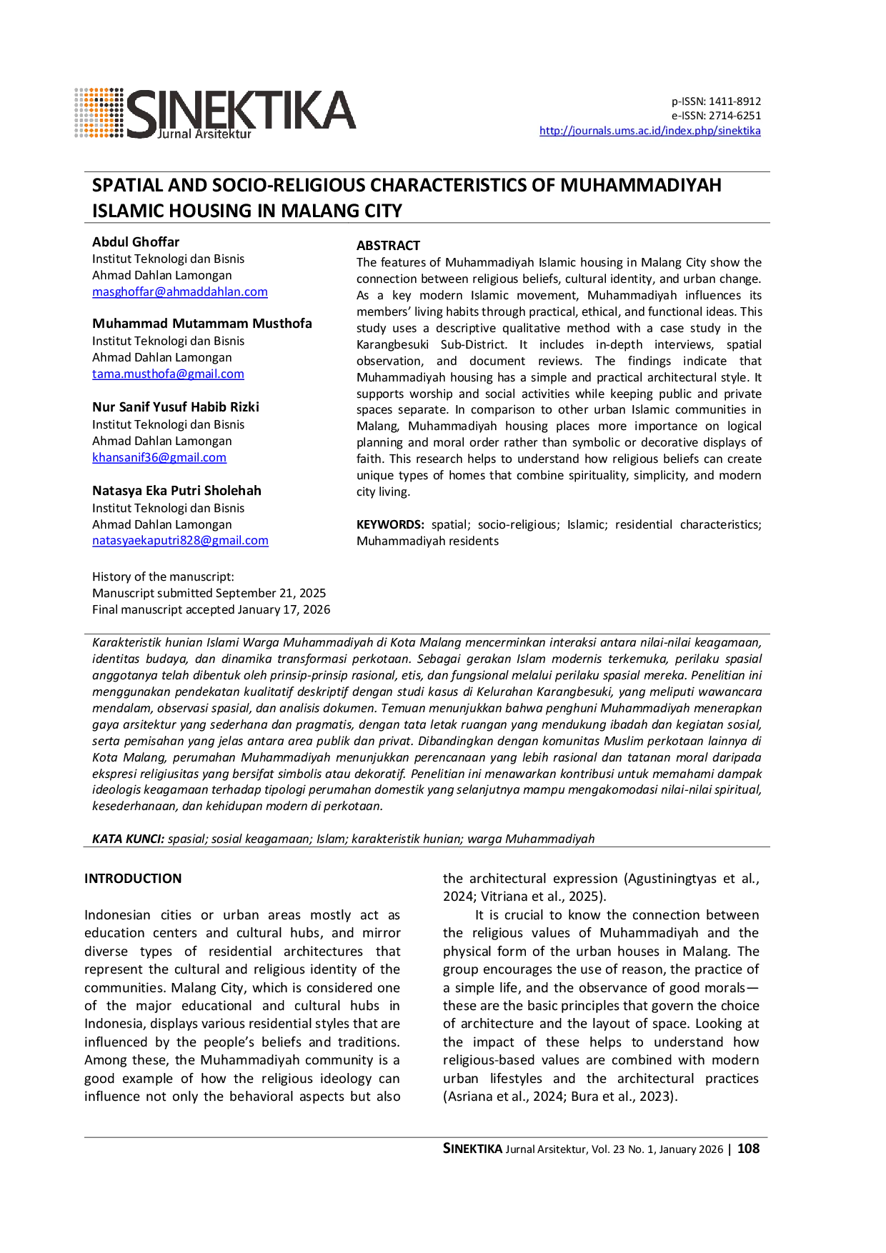 JURIS Spatial and Socio Religious Characteristics of Muhammadiyah Islamic Housing in Malang City
