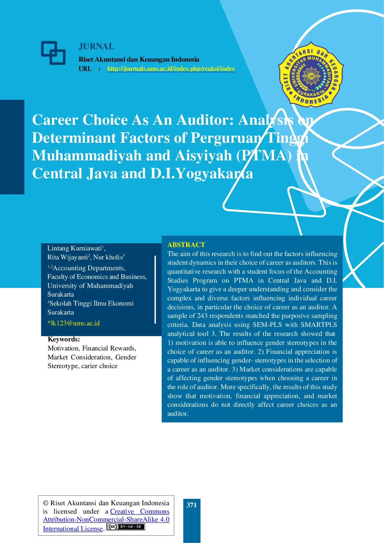 JURIS Career Choice As An Auditor Analysis on Determinant Factors of Perguruan Tinggi Muhammadiyah and Aisyiyah PTMA in Central Java and D I Yogyakarta