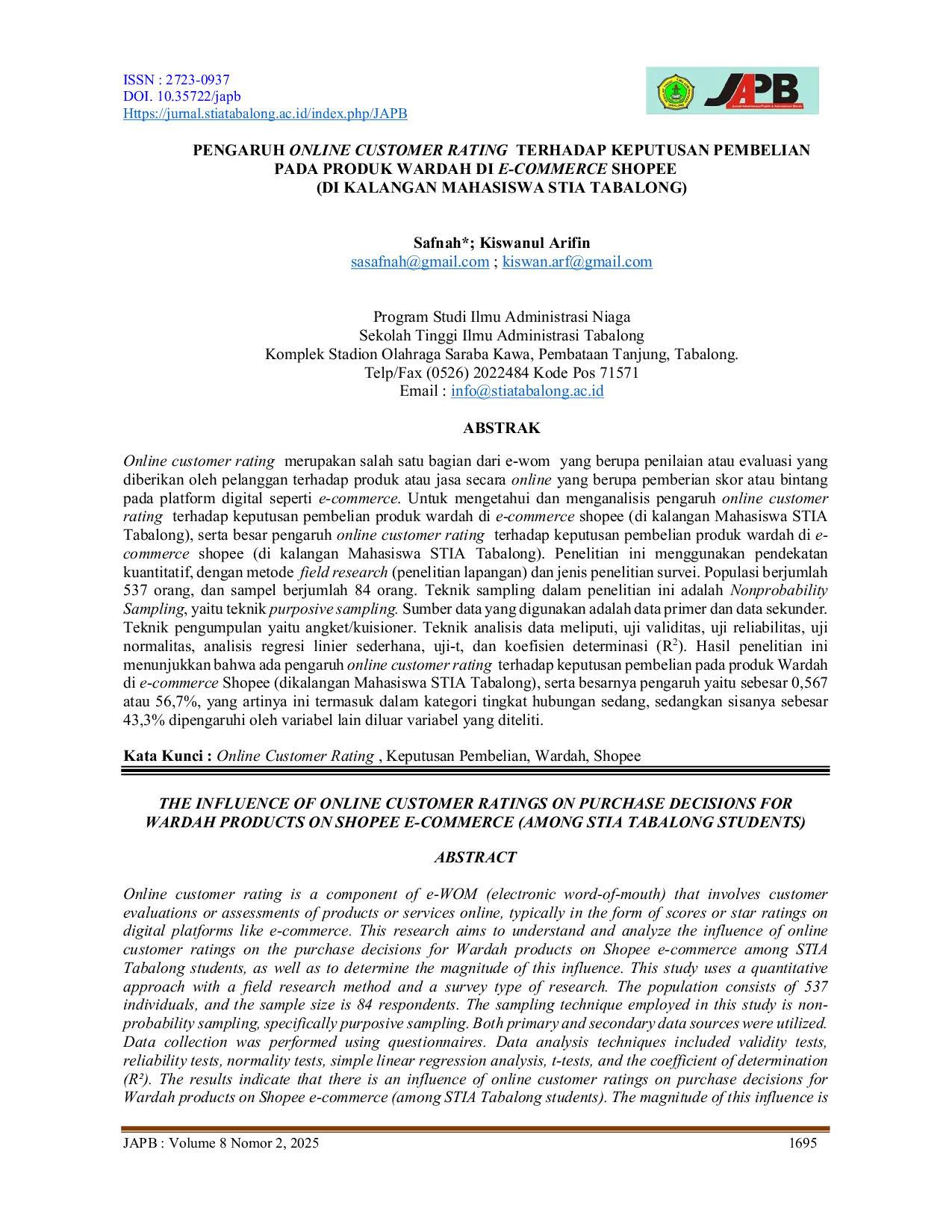 JURIS Pengaruh Online Customer Rating Terhadap Keputusan Pembelian Pada Produk Wardah Di E Commerce Shopee Di Kalangan Mahasiswa Stia Tabalong