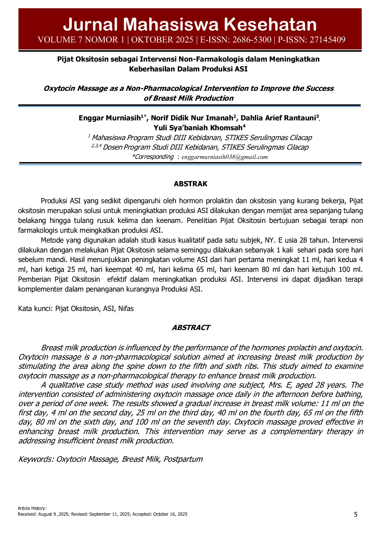 JURIS Pijat Oksitosin sebagai Intervensi Non Farmakologis dalam Meningkatkan Keberhasilan Dalam Produksi ASI