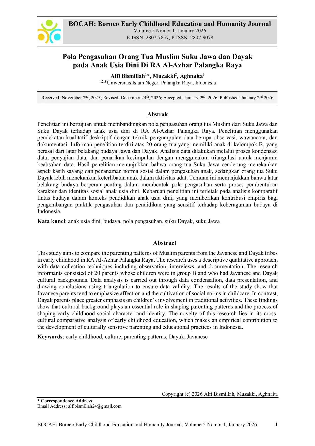 JURIS Pola Pengasuhan Orang Tua Muslim Suku Jawa dan Dayak pada Anak Usia Dini di RA Al Azhar Palangka Raya