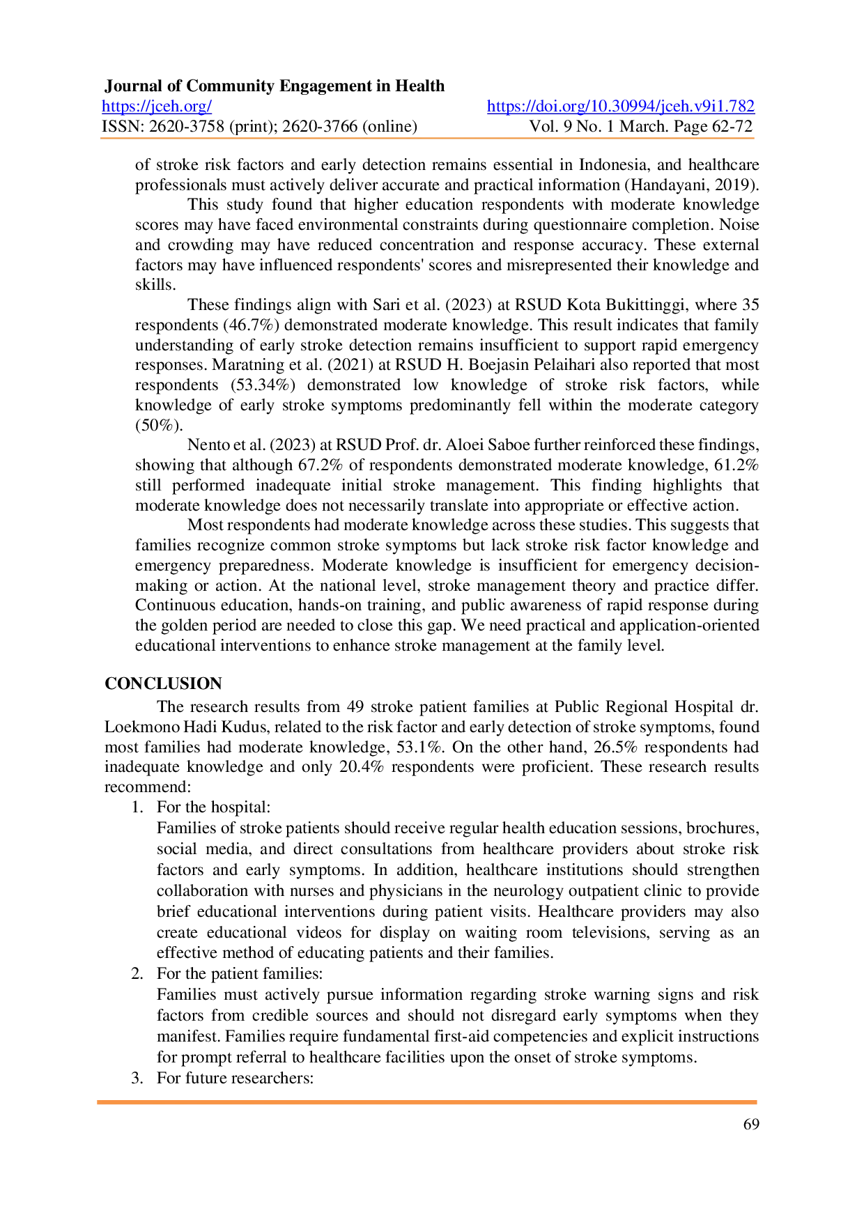 JURIS Knowledge Level of Family about Risk Factor and Early Detection of Stroke Patient at Public Regional Hospital dr Loekmonohadi Kudus