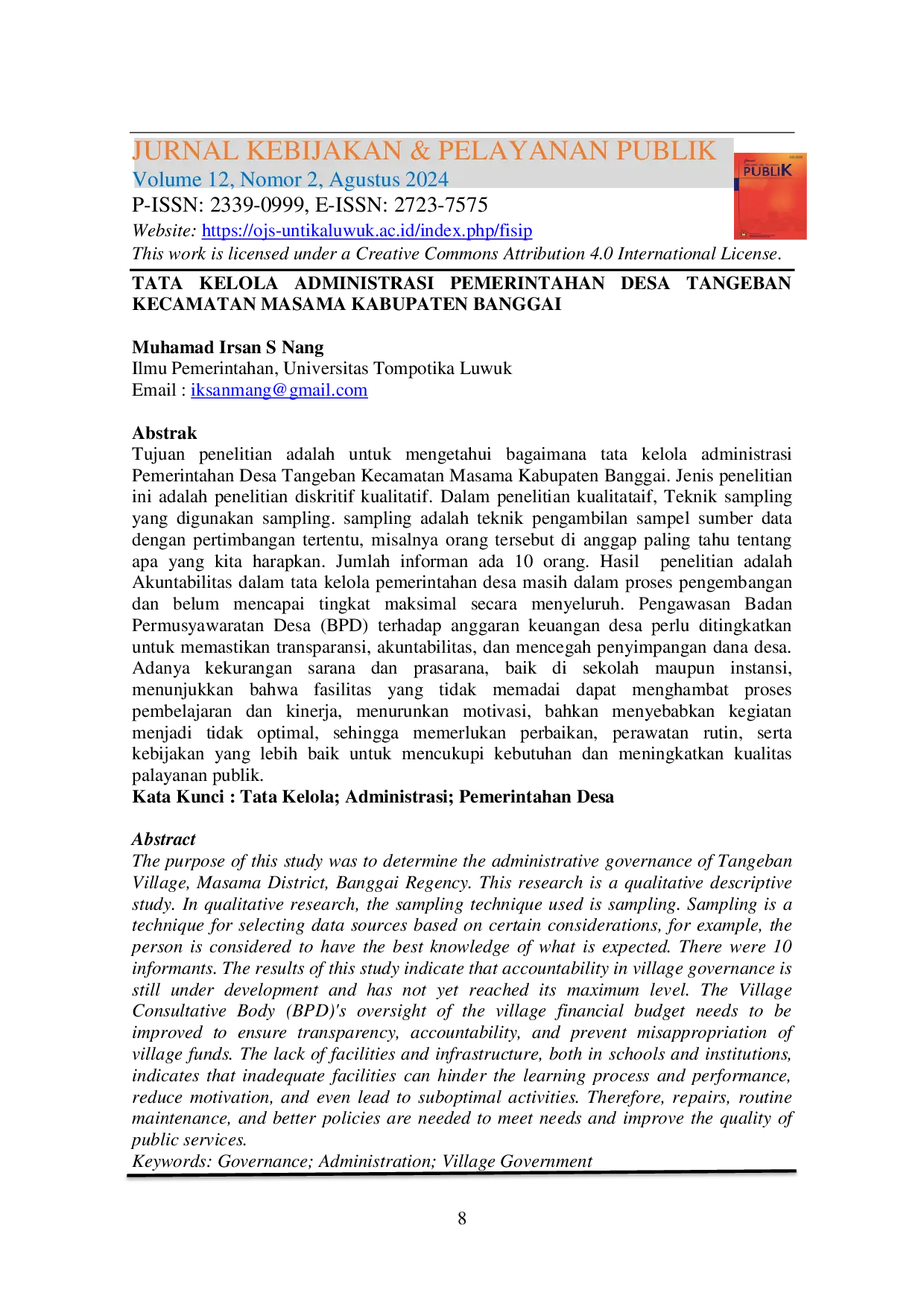 JURIS Tata Kelola Administrasi Pemerintahan Desa Tangeban Kecamatan Masama Kabupaten Banggai
