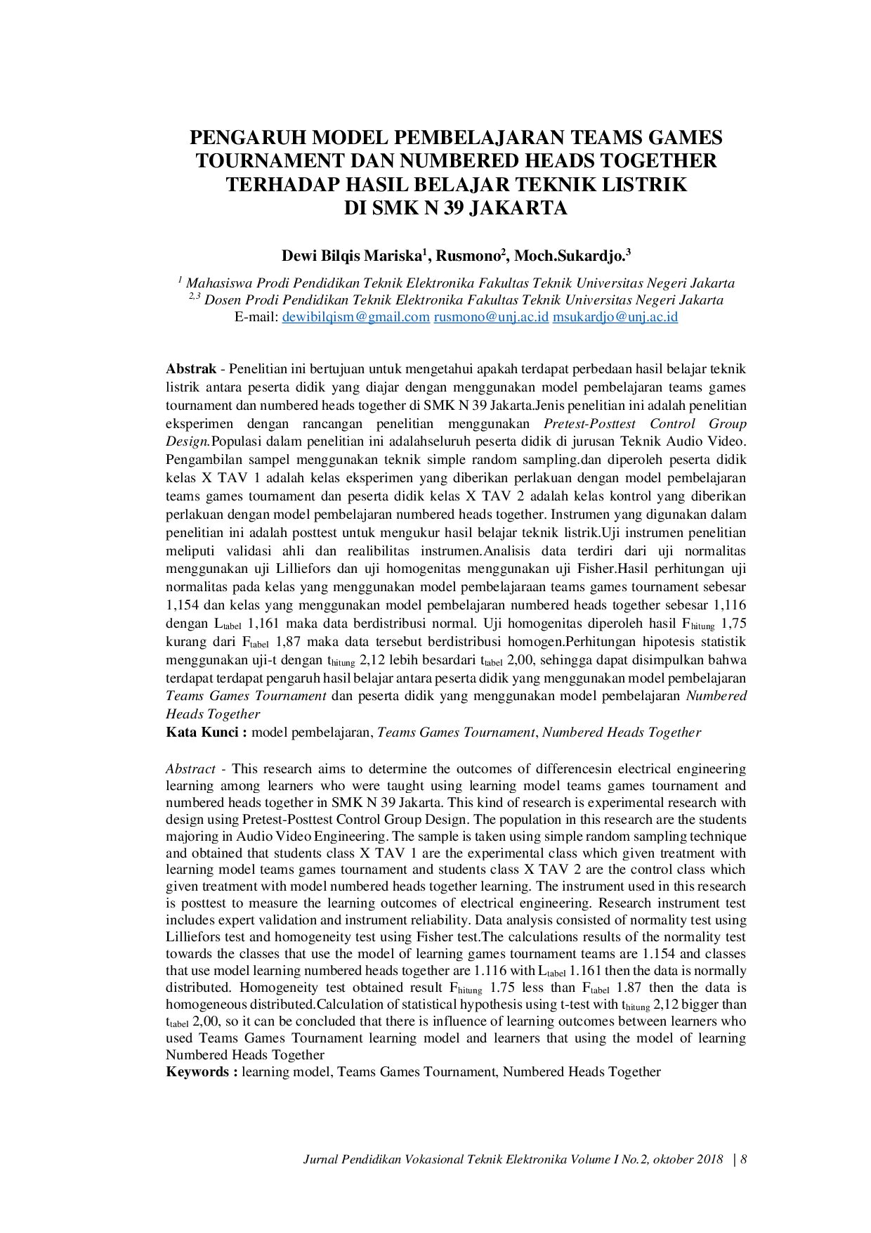 JURIS Pengaruh Model Pembelajaran Teams Games Tournament Dan Numbered Heads Together Terhadap Hasil Belajar Teknik Listrik Di SMK N 39 Jakarta