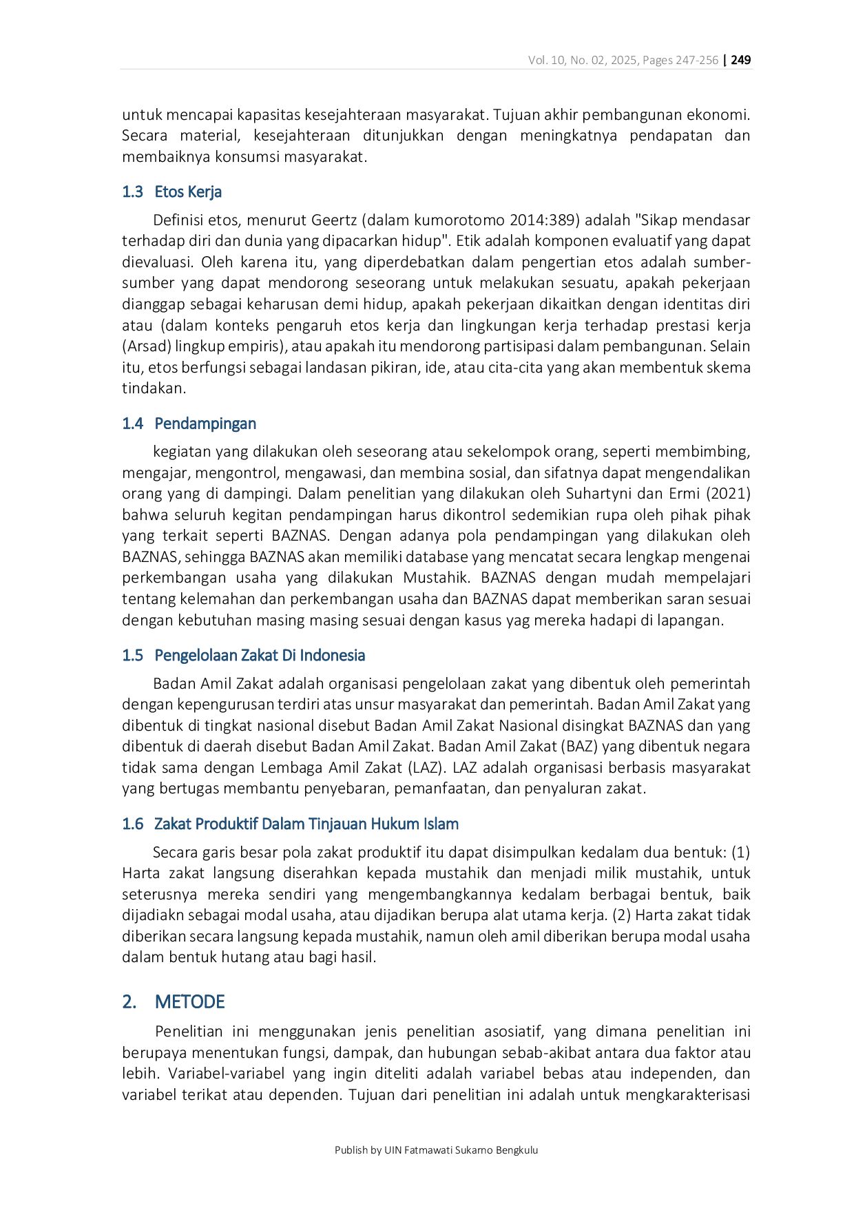 JURIS Analisis Pengaruh Etos Kerja dan Pendampingan Terhadap Kesejahteraan Mustahik pada Program Zakat Produktif pada BAZNAS Provinsi Bengkulu