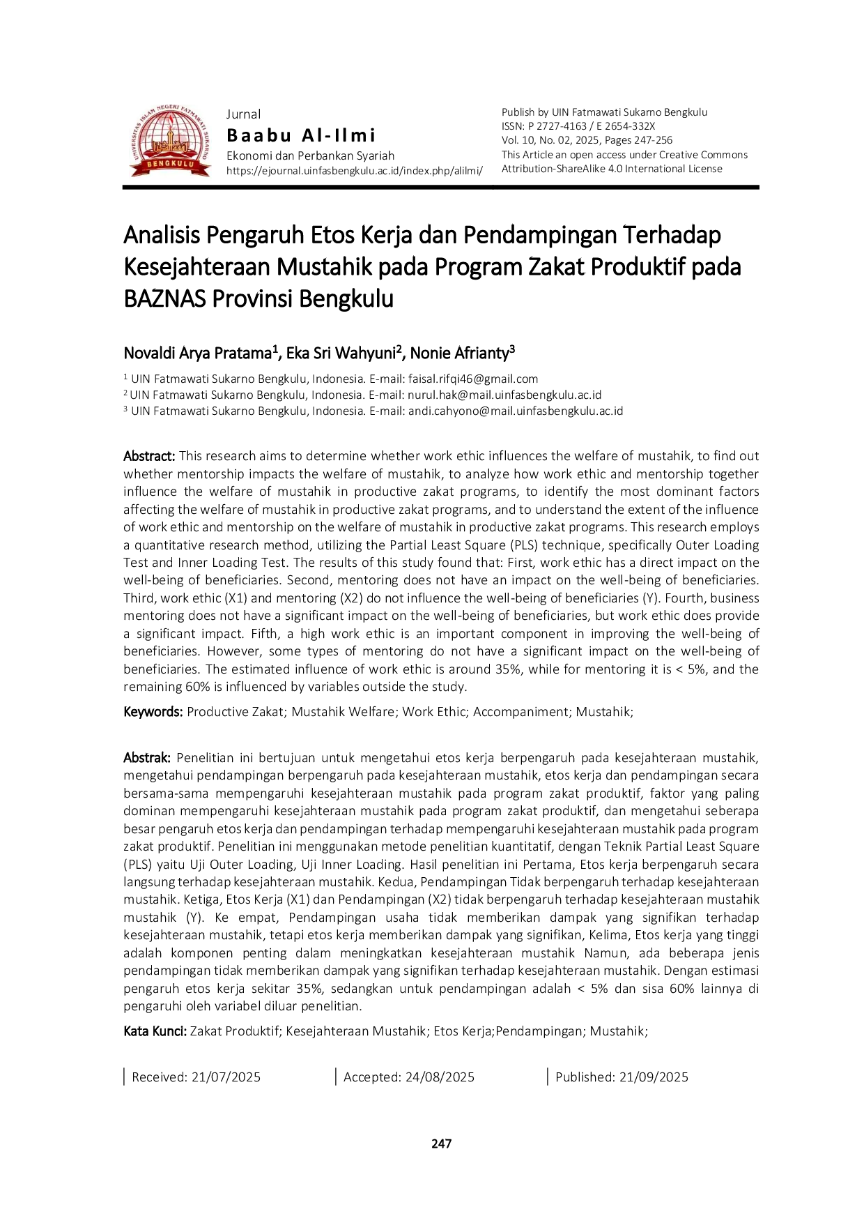 JURIS Analisis Pengaruh Etos Kerja dan Pendampingan Terhadap Kesejahteraan Mustahik pada Program Zakat Produktif pada BAZNAS Provinsi Bengkulu