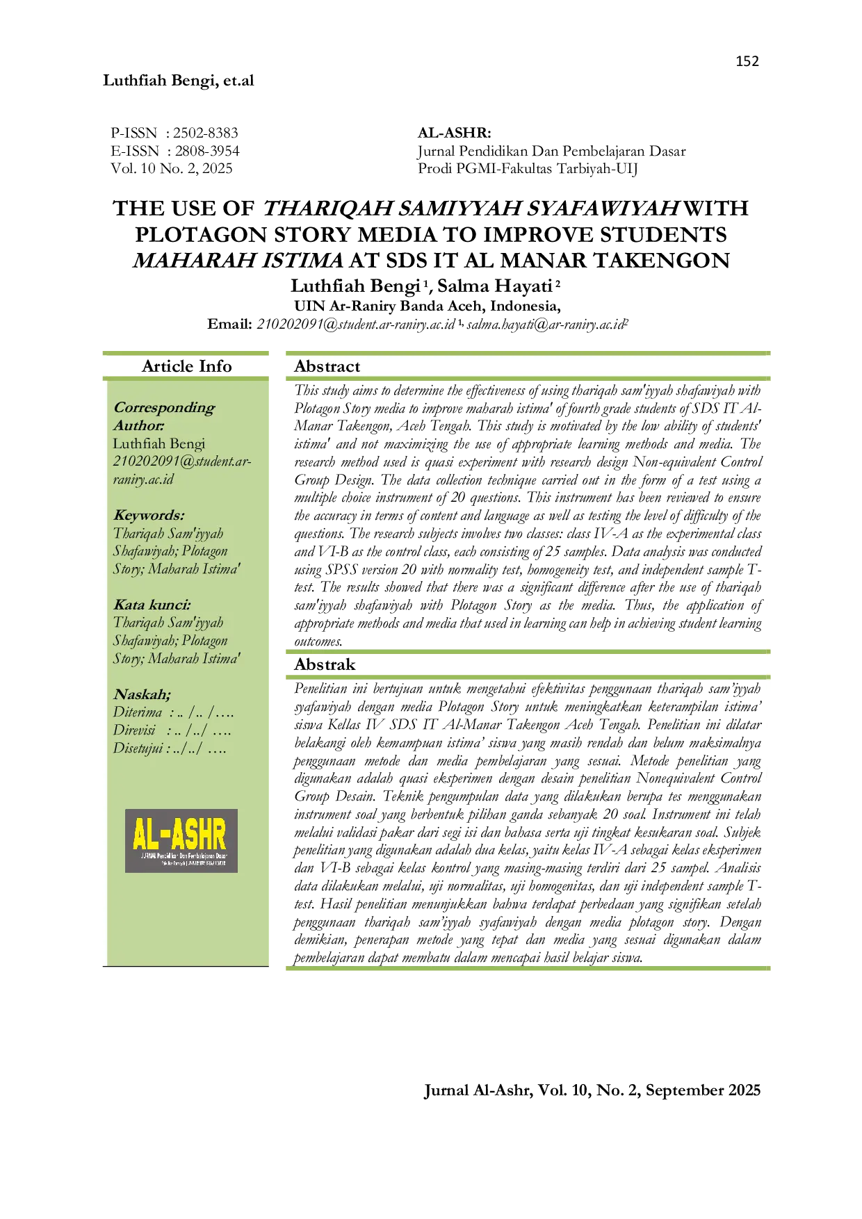 JURIS The Use of Thariqah Samiyyah Shafawiyah with Plotagon Story Media to Improve Students Maharah Istima at SDS IT Al Manar Takengon