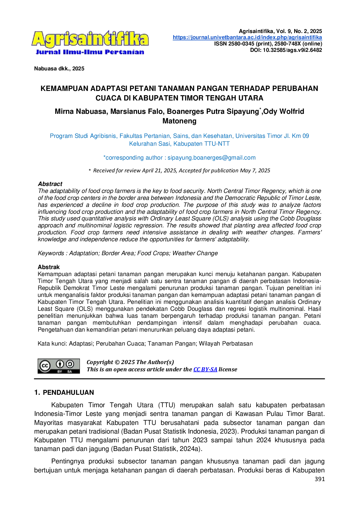 JURIS Kemampuan Adaptasi Petani Tanaman Pangan Terhadap Perubahan Cuaca Di Kabupaten Timor Tengah Utara