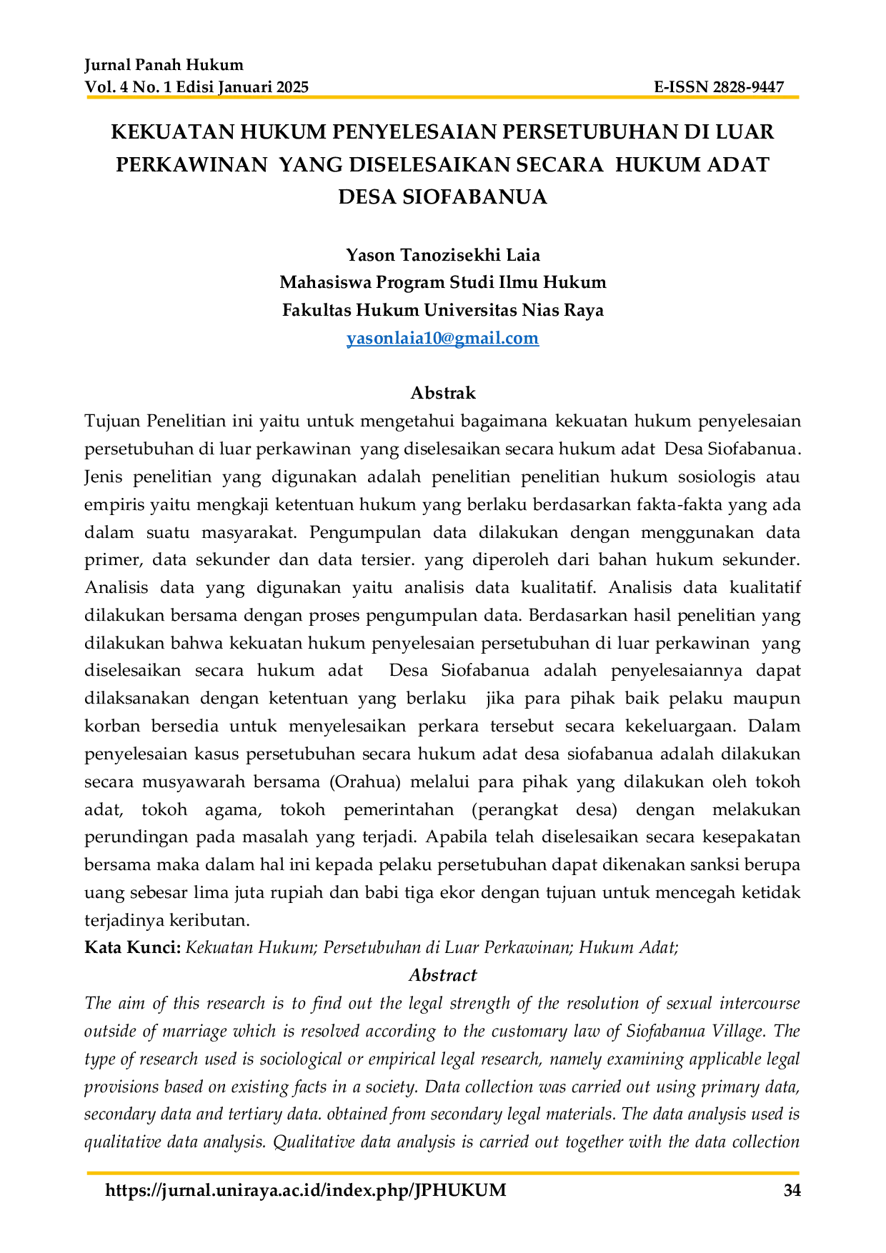 JURIS Kekuatan Hukum Penyelesaian Persetubuhan di Luar Perkawinan yang Diselesaikan Secara Hukum Adat Desa Siofabanua