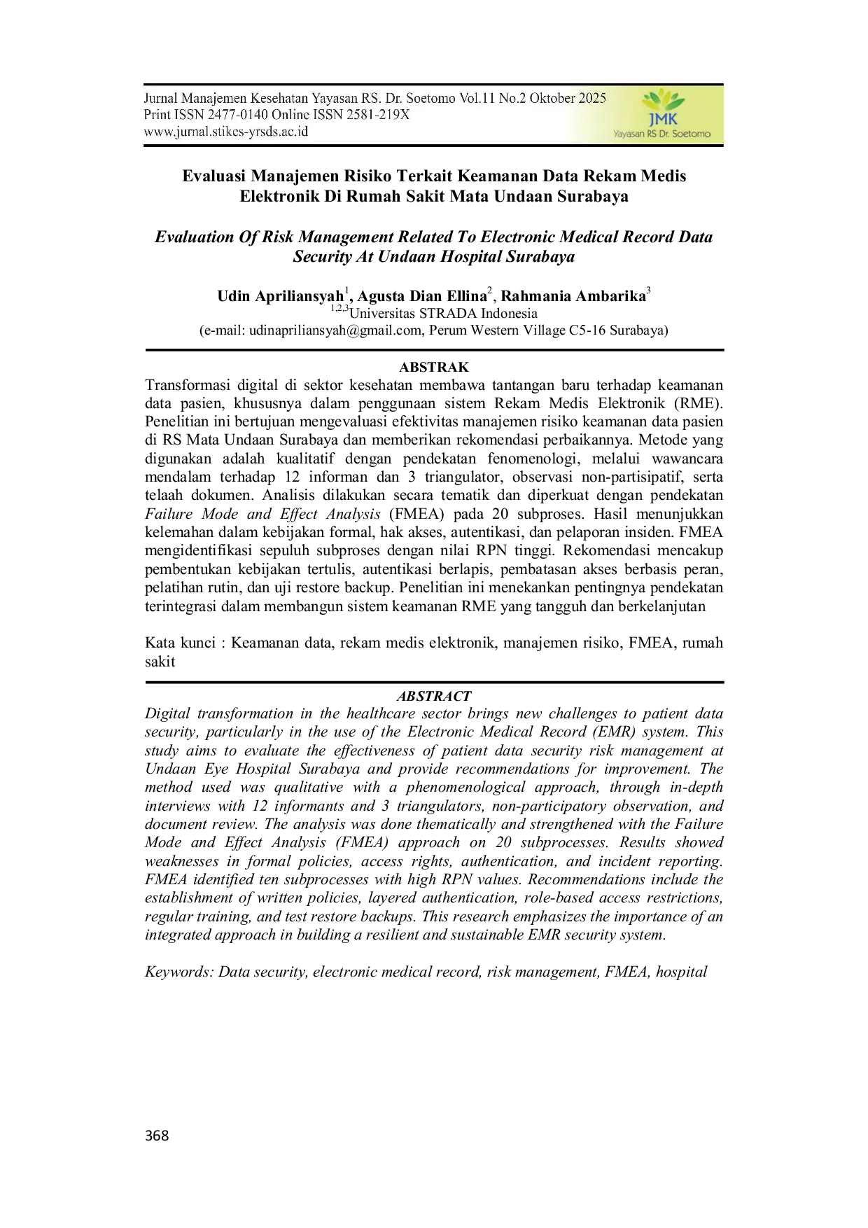 JURIS Evaluasi Manajemen Risiko Terkait Keamanan Data Rekam Medis Elektronik Di Rumah Sakit Mata Undaan Surabaya