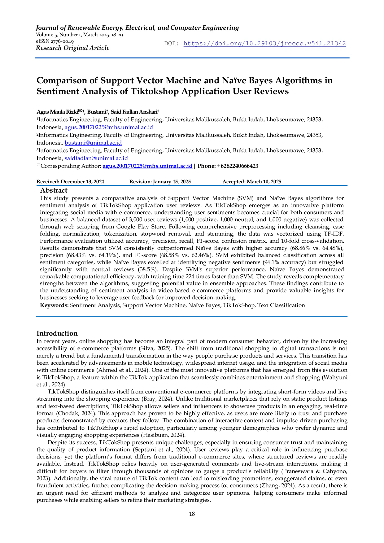 JURIS Comparison of Support Vector Machine and Na ve Bayes Algorithms in Sentiment Analysis of Tiktokshop Application User Reviews