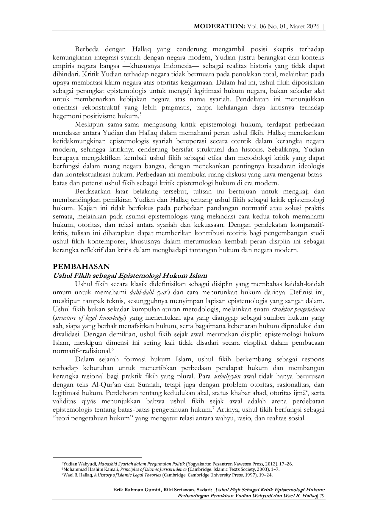 JURIS USHUL FIQH SEBAGAI KRITIK EPISTEMOLOGI HUKUM Perbandingan Pemikiran Yudian Wahyudi dan Wael B Hallaq