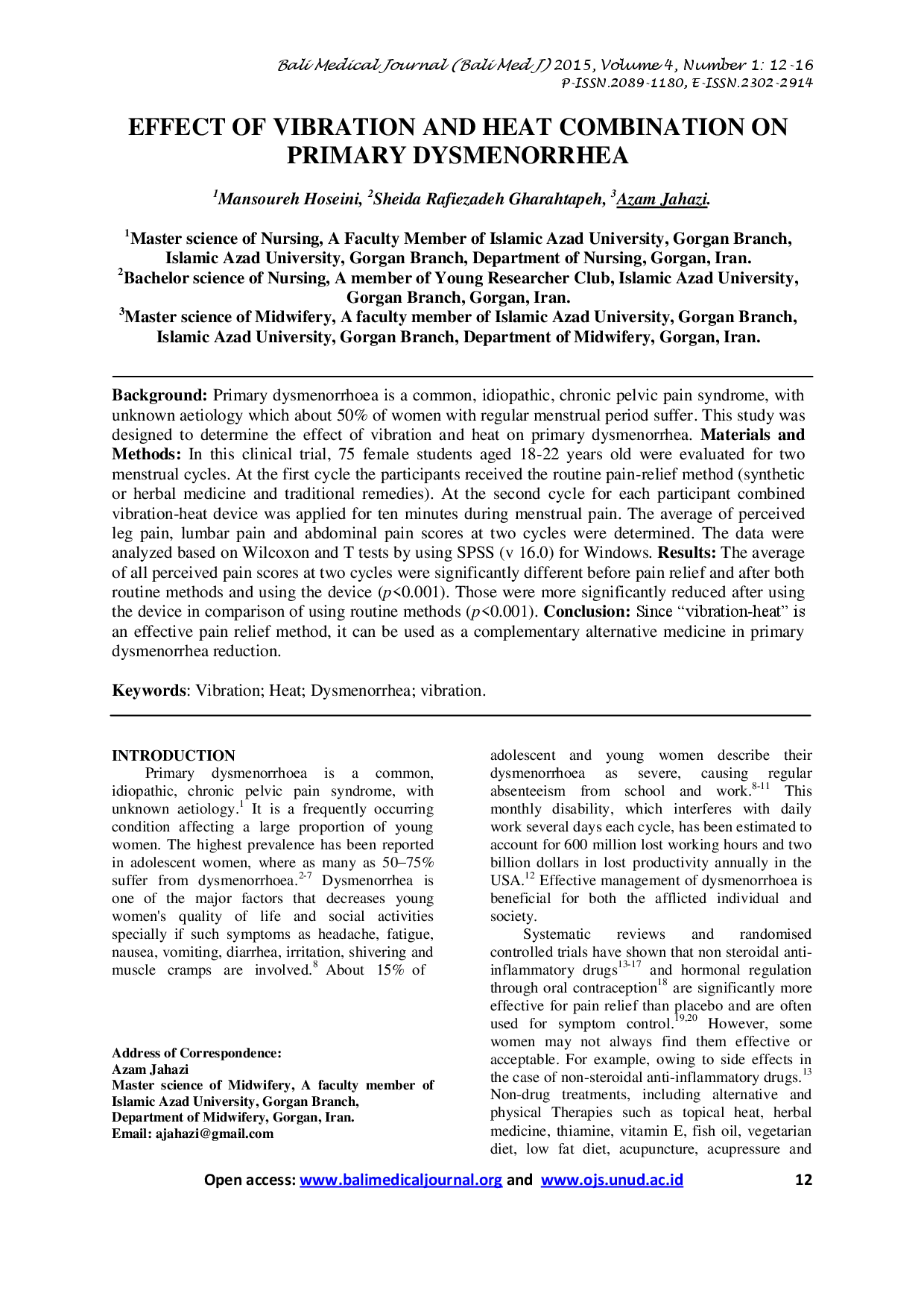 juris Effect Of Vibration And Heat Combination On Primary Dysmenorrhea