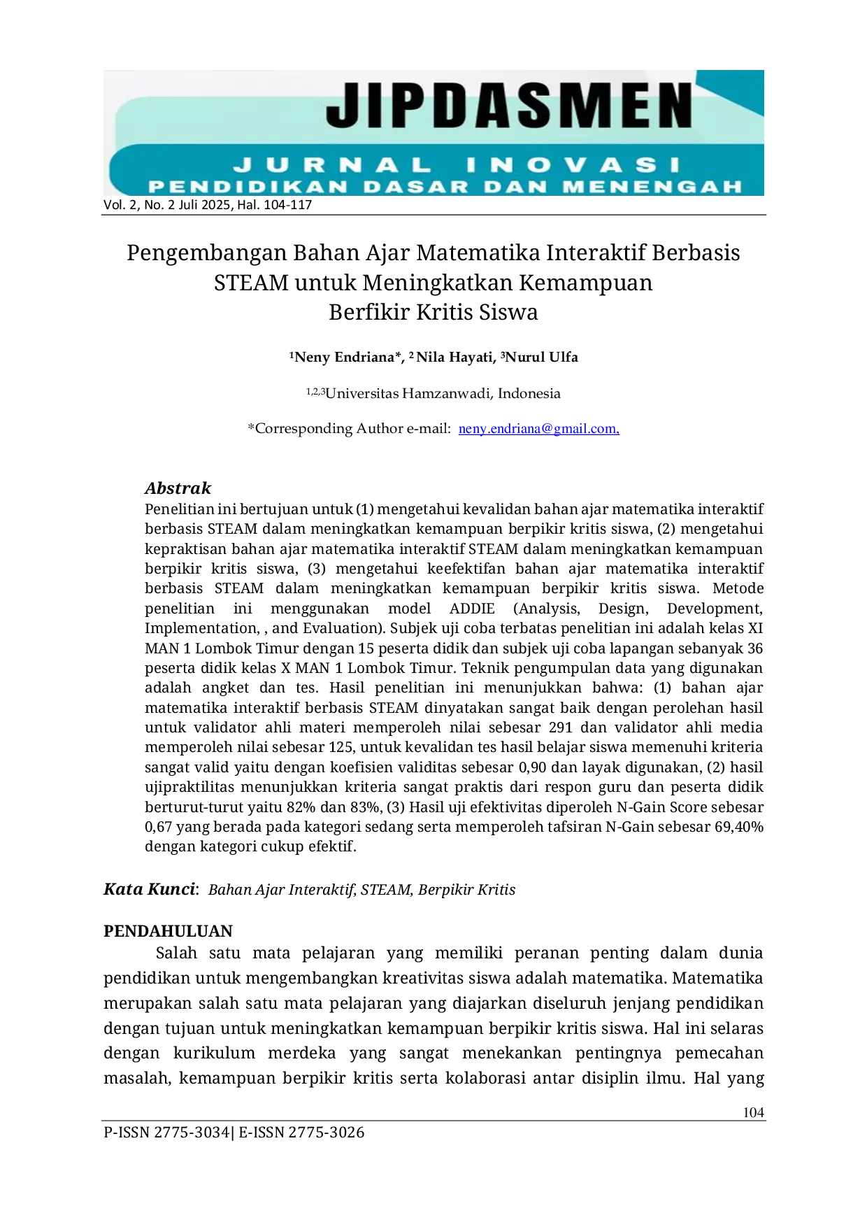 JURIS Pengembangan Bahan Ajar Matematika Interaktif Berbasis STEAM Untuk Meningkatkan Kemampuan Berfikir Kritis Siswa