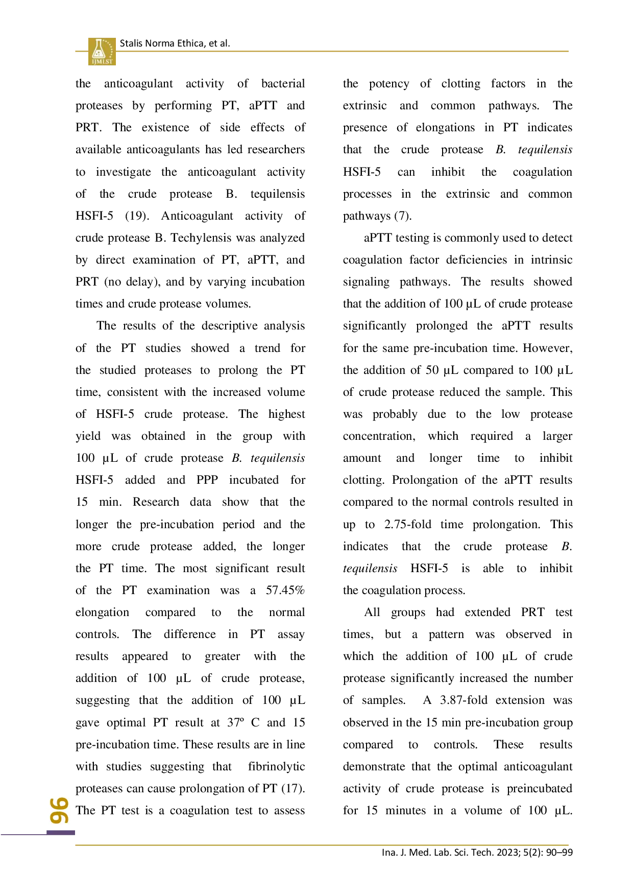 juris In Vitro Anticoagulant Activity of Crude Protease of Bacillus Teguilensis HSFI 5