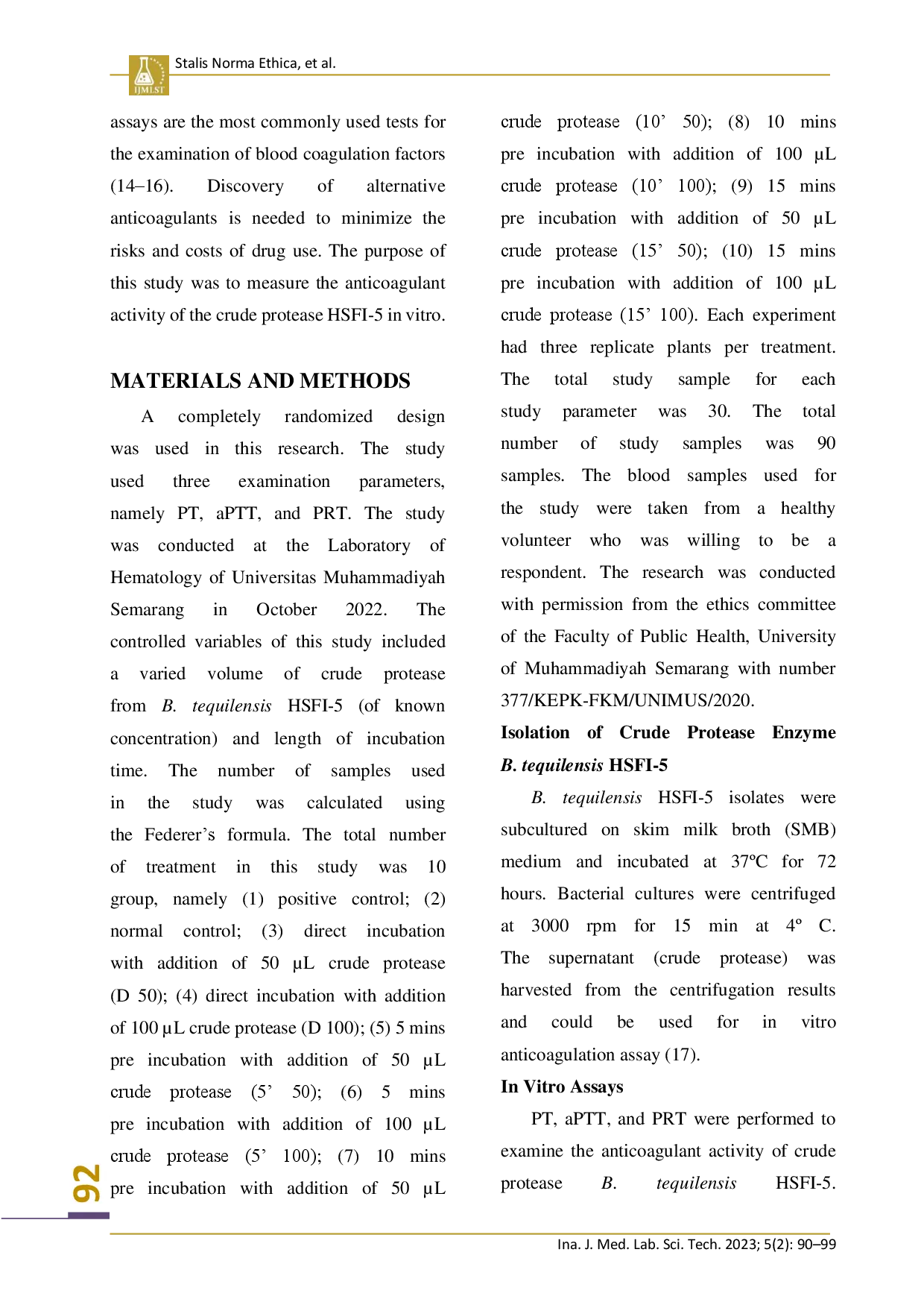 juris In Vitro Anticoagulant Activity of Crude Protease of Bacillus Teguilensis HSFI 5
