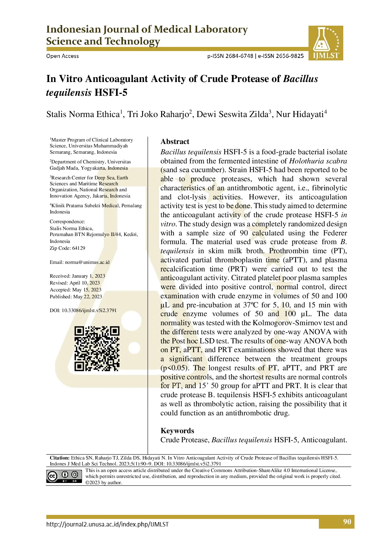 juris In Vitro Anticoagulant Activity of Crude Protease of Bacillus Teguilensis HSFI 5