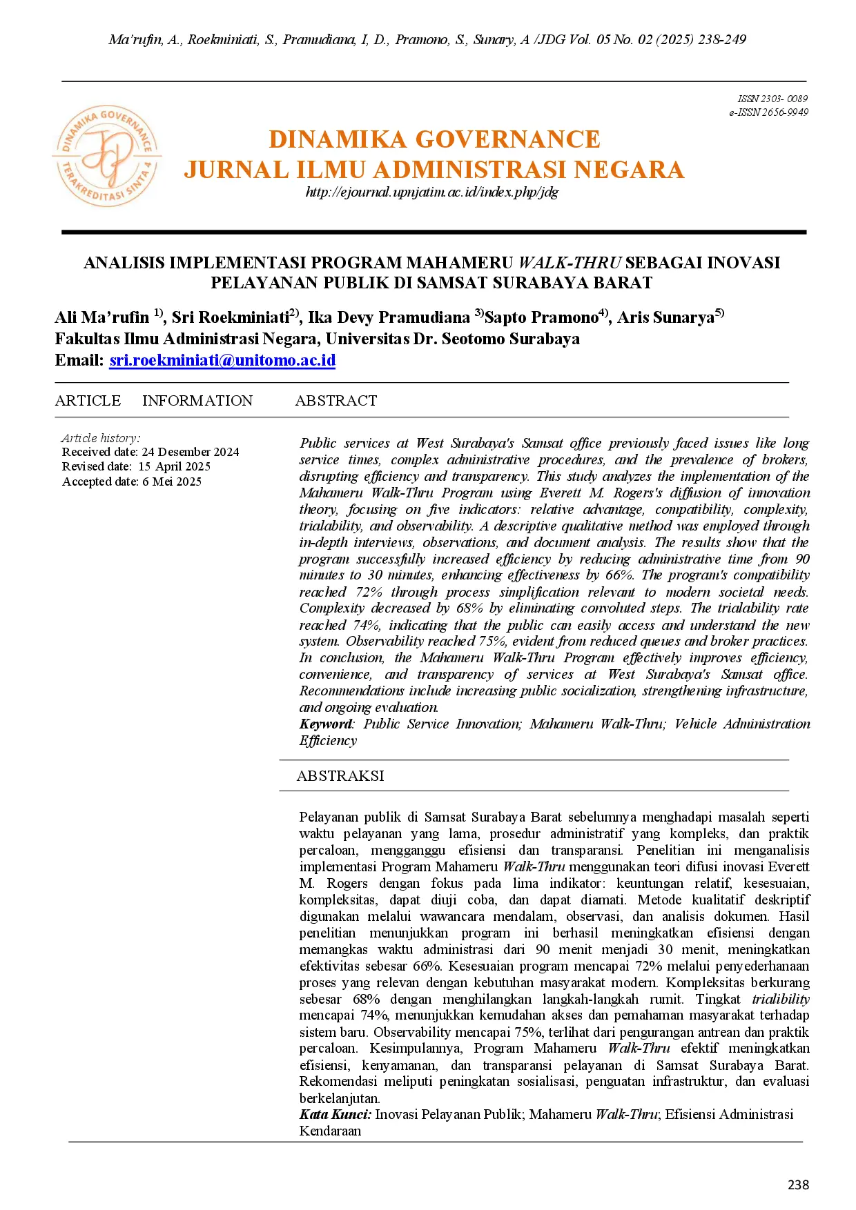 juris Analisis Implementasi Program Mahameru Walk Thru Sebagai Inovasi Pelayanan Publik Di Samsat Surabaya Barat