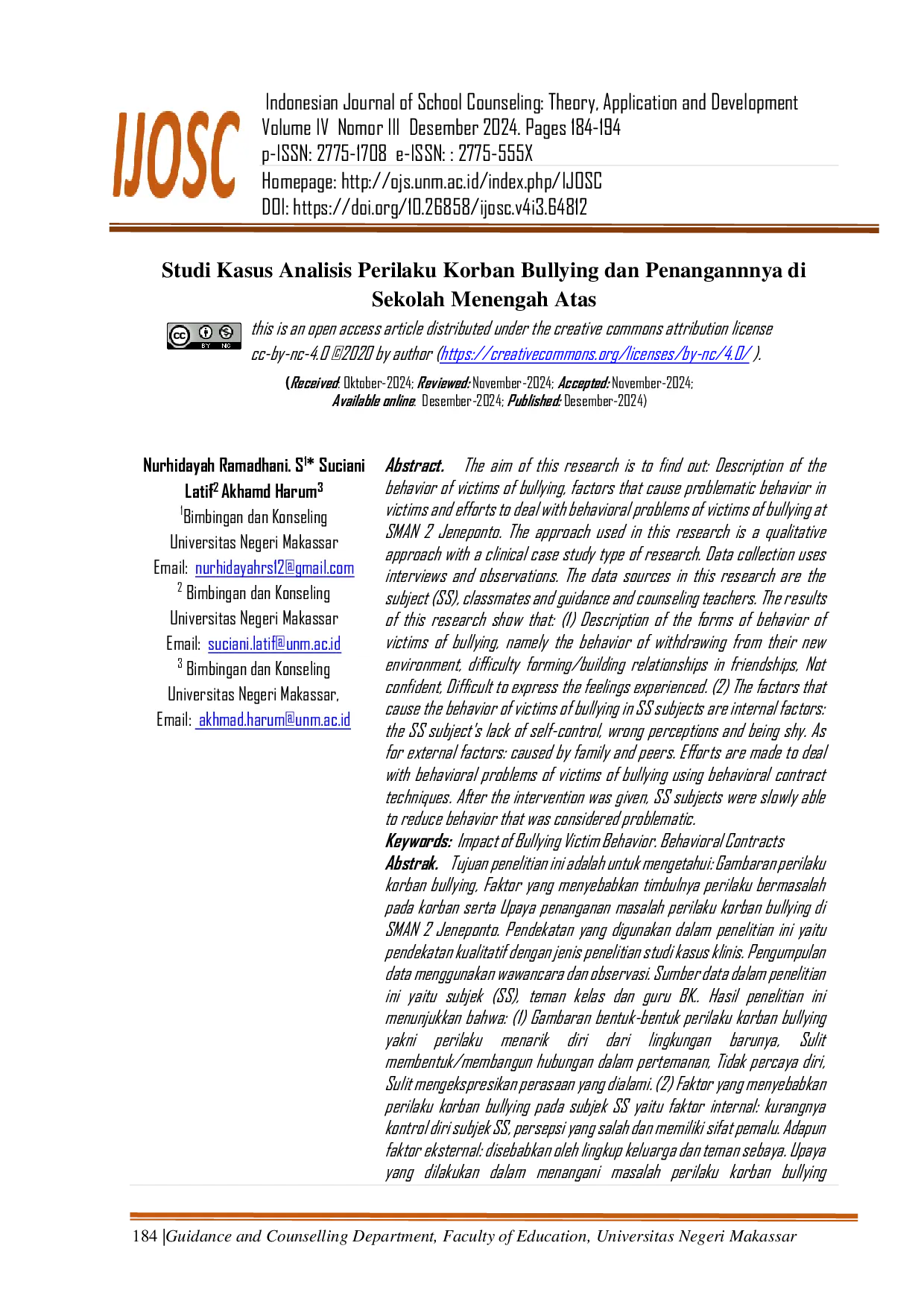 JURIS Studi Kasus Analisis Perilaku Korban Bullying dan Penanganannya di Sekolah Menengah Atas