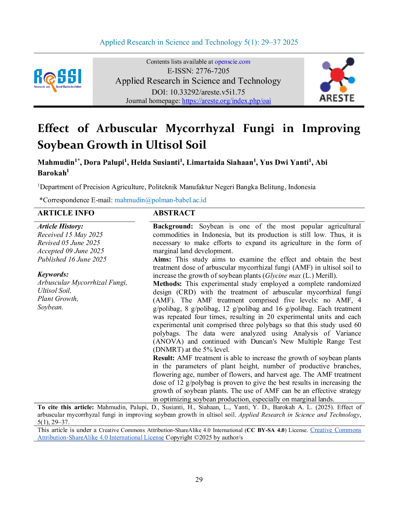 JURIS Effect of Arbuscular Mycorrhyzal Fungi in Improving Soybean Growth in Ultisol Soil