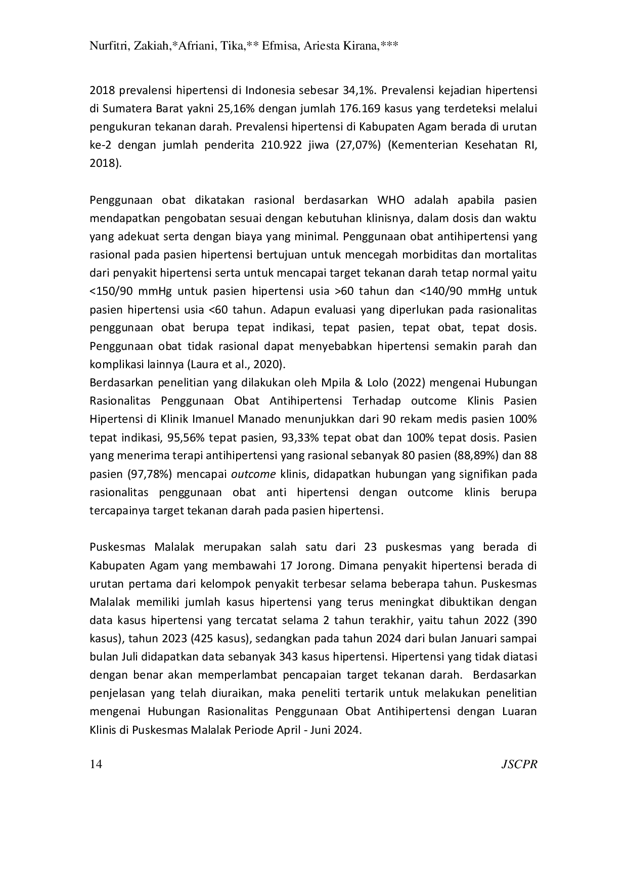 JURIS Kajian Hubungan Rasionalitas Penggunaan Obat Antihipertensi Dengan Luaran Klinis Di Puskesmas Malalak Periode April Juni 2024