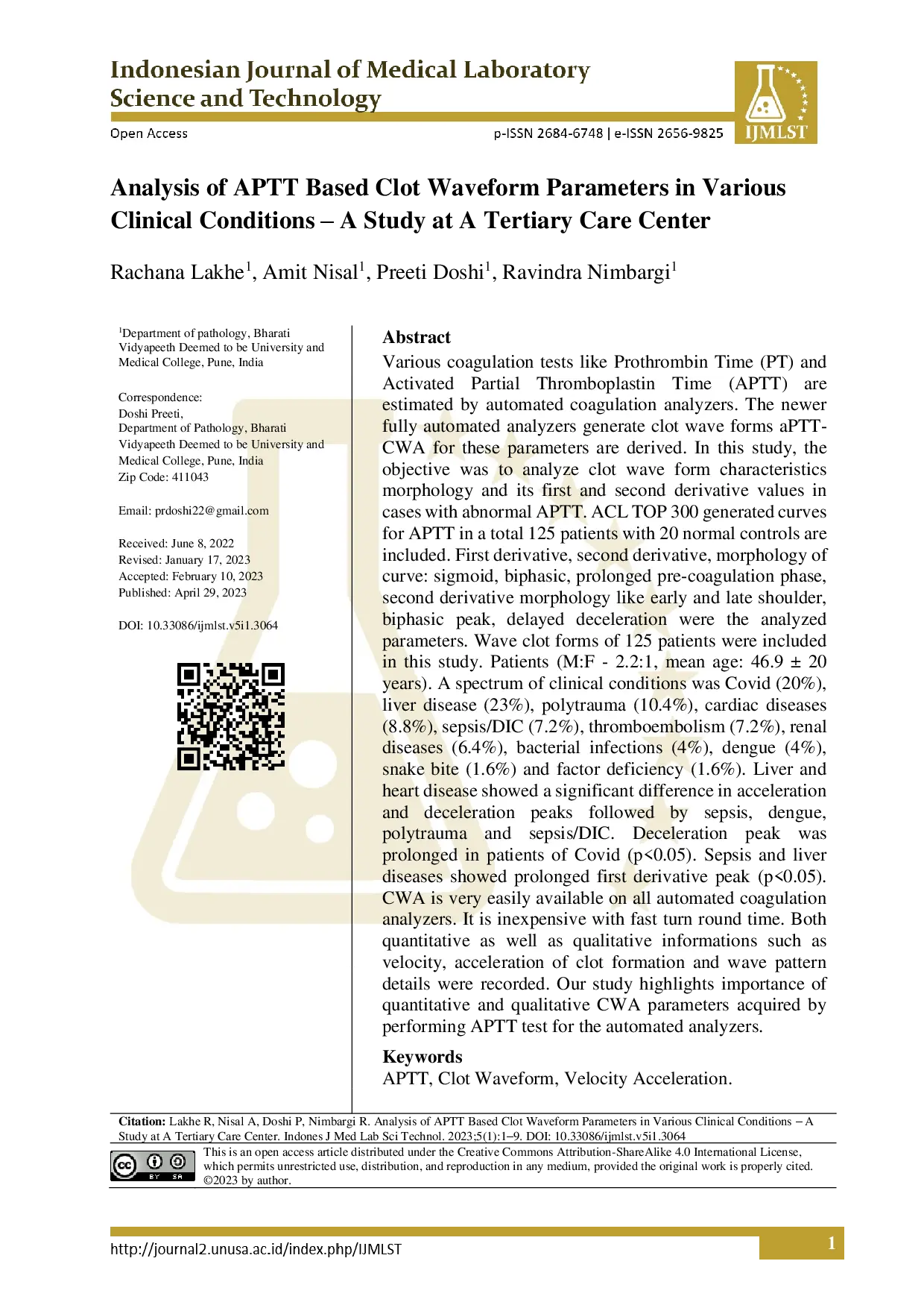 juris Analysis of APTT Based Clot Waveform Parameters in Various Clinical Conditions A Study at A Tertiary Care Center