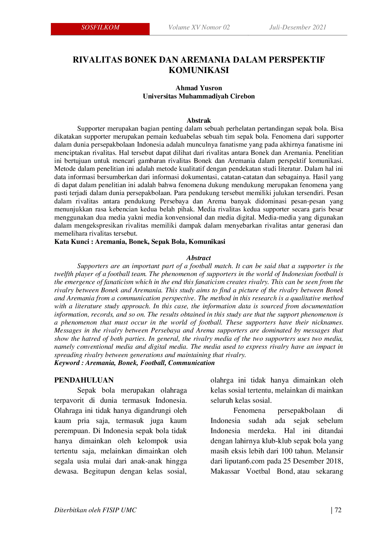 JURIS Rivalitas Bonek Dan Aremania Dalam Perspektif Komunikasi