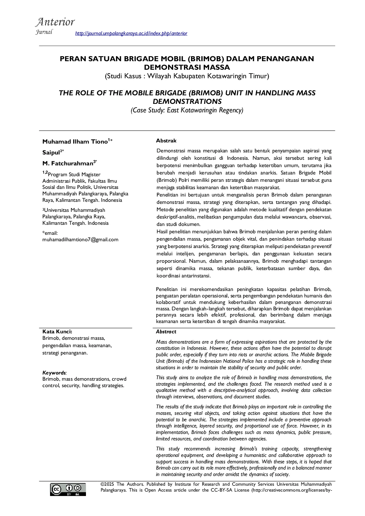 JURIS Peran Satuan Brigade Mobil dalam Penanganan Demonstrasi Massa Studi Kasus Wilayah Kabupaten Kotawaringin Timur