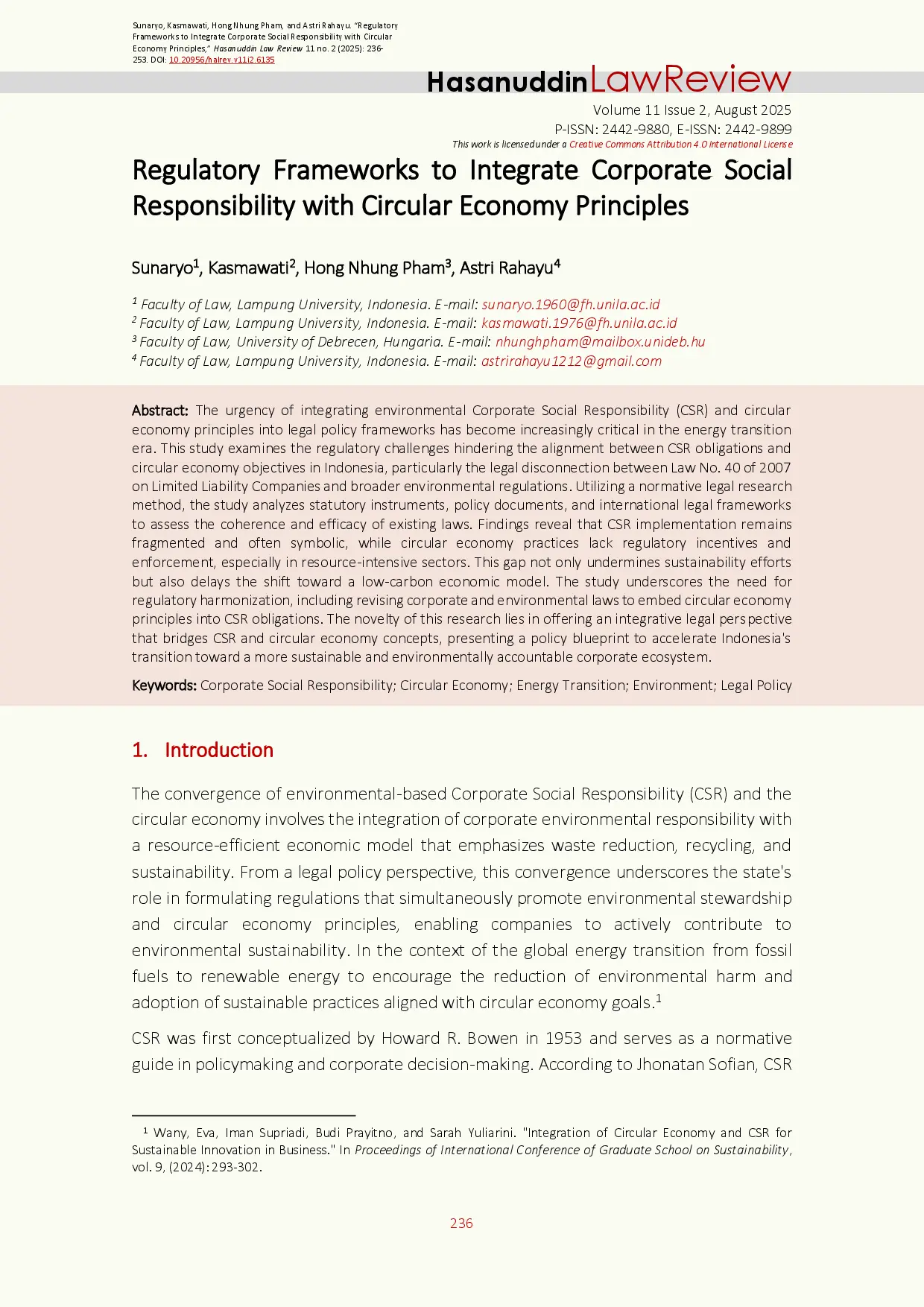 juris Regulatory Frameworks to Integrate Corporate Social Responsibility with Circular Economy Principles