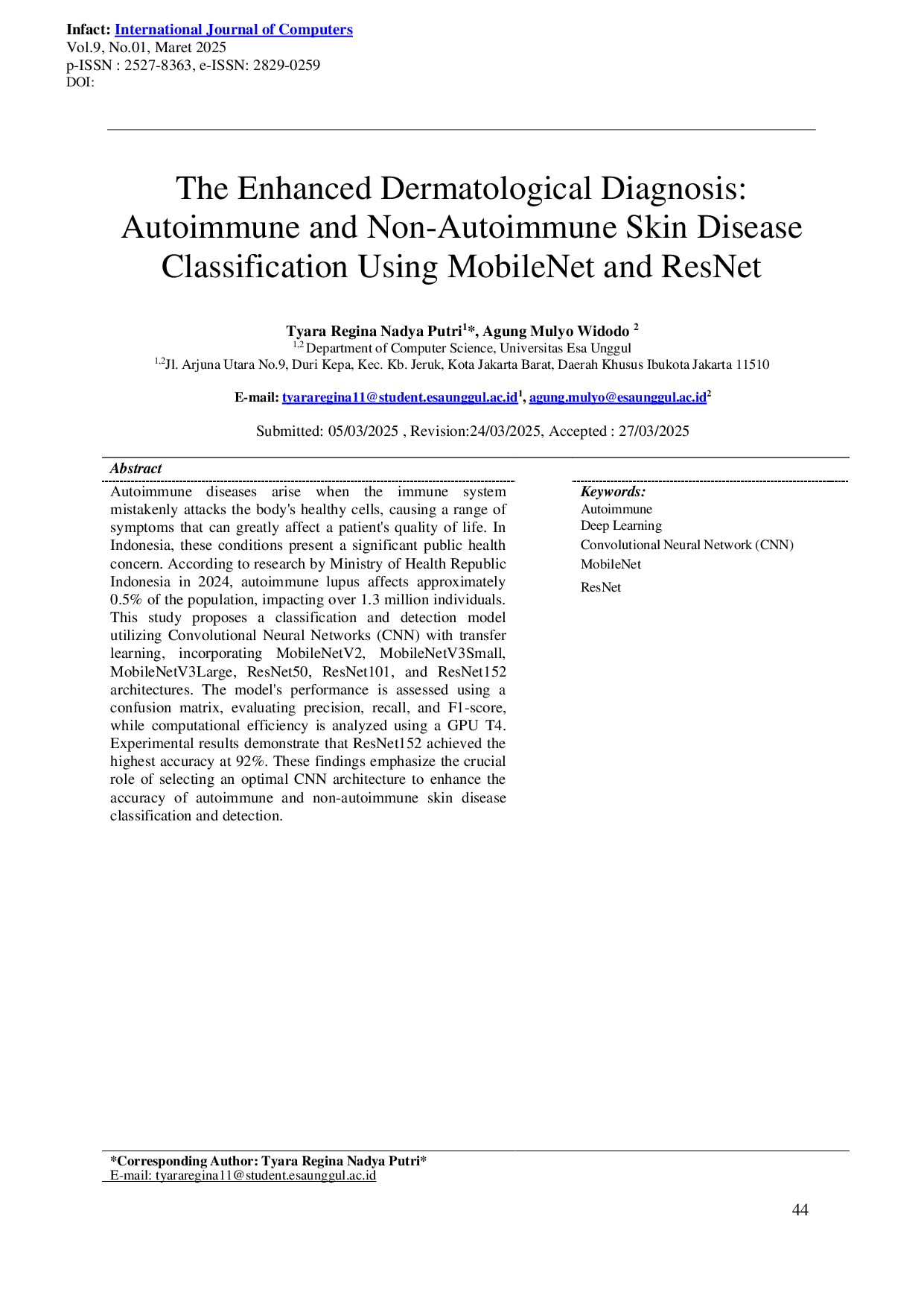 JURIS The Enhanced Dermatological Diagnosis Autoimmune and Non Autoimmune Skin Disease Classification Using MobileNet and ResNet