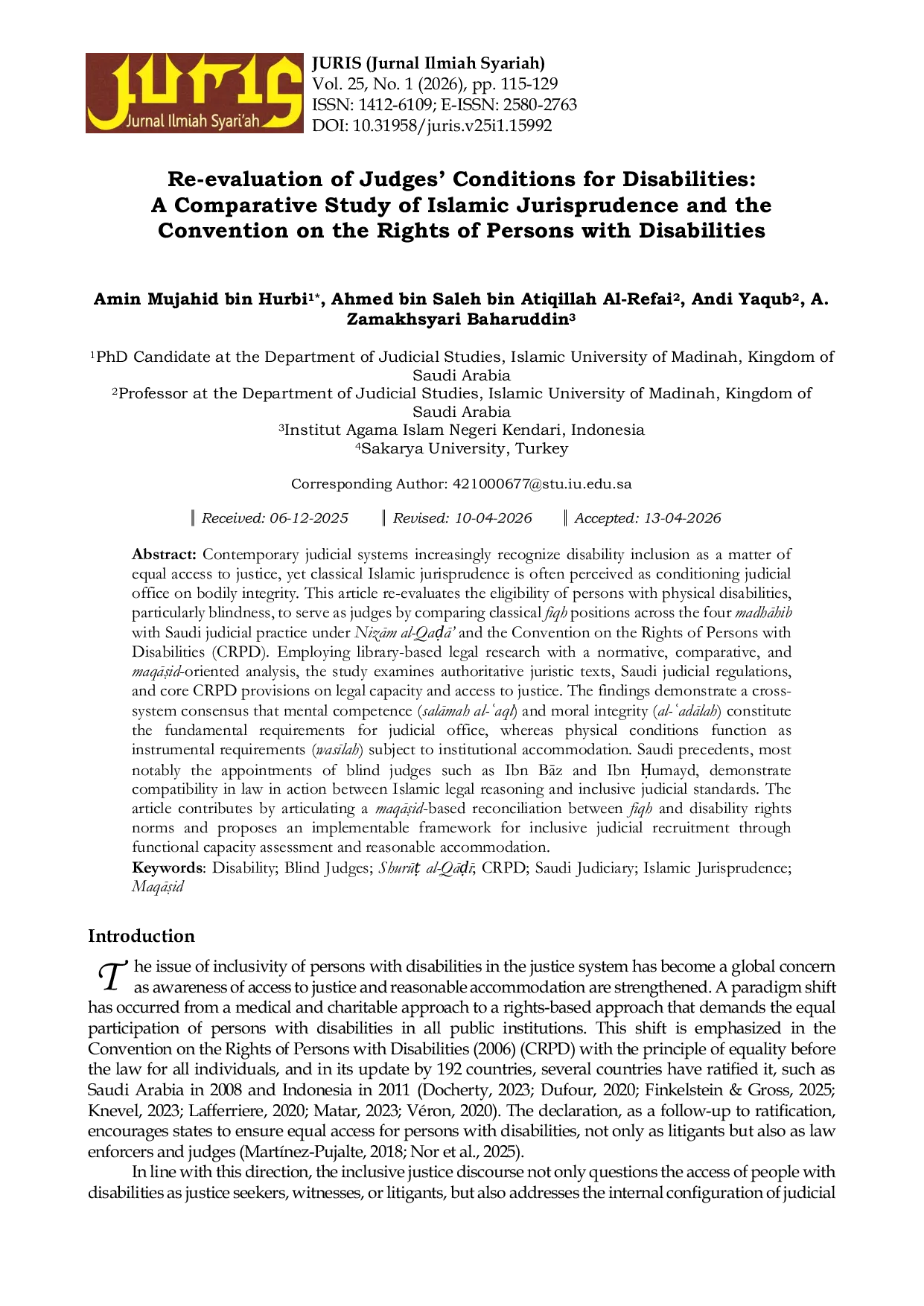 JURIS Re evaluation of Judges Conditions for Disabilities A Comparative Study of Islamic Jurisprudence and the Convention on the Rights of Persons with Disabilities