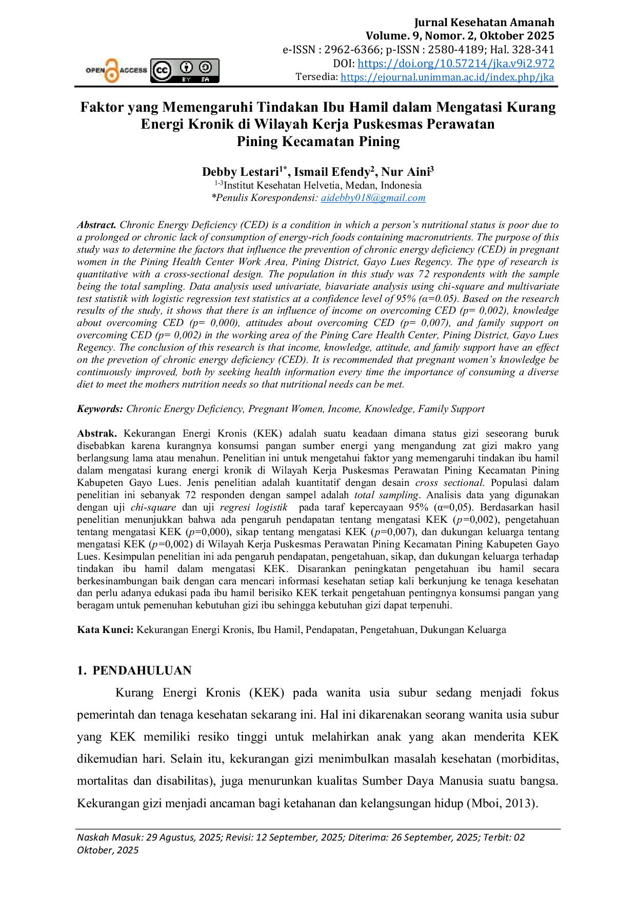 JURIS Faktor yang Memengaruhi Tindakan Ibu Hamil dalam Mengatasi Kurang Energi Kronik di Wilayah Kerja Puskesmas Perawatan Pining Kecamatan Pining
