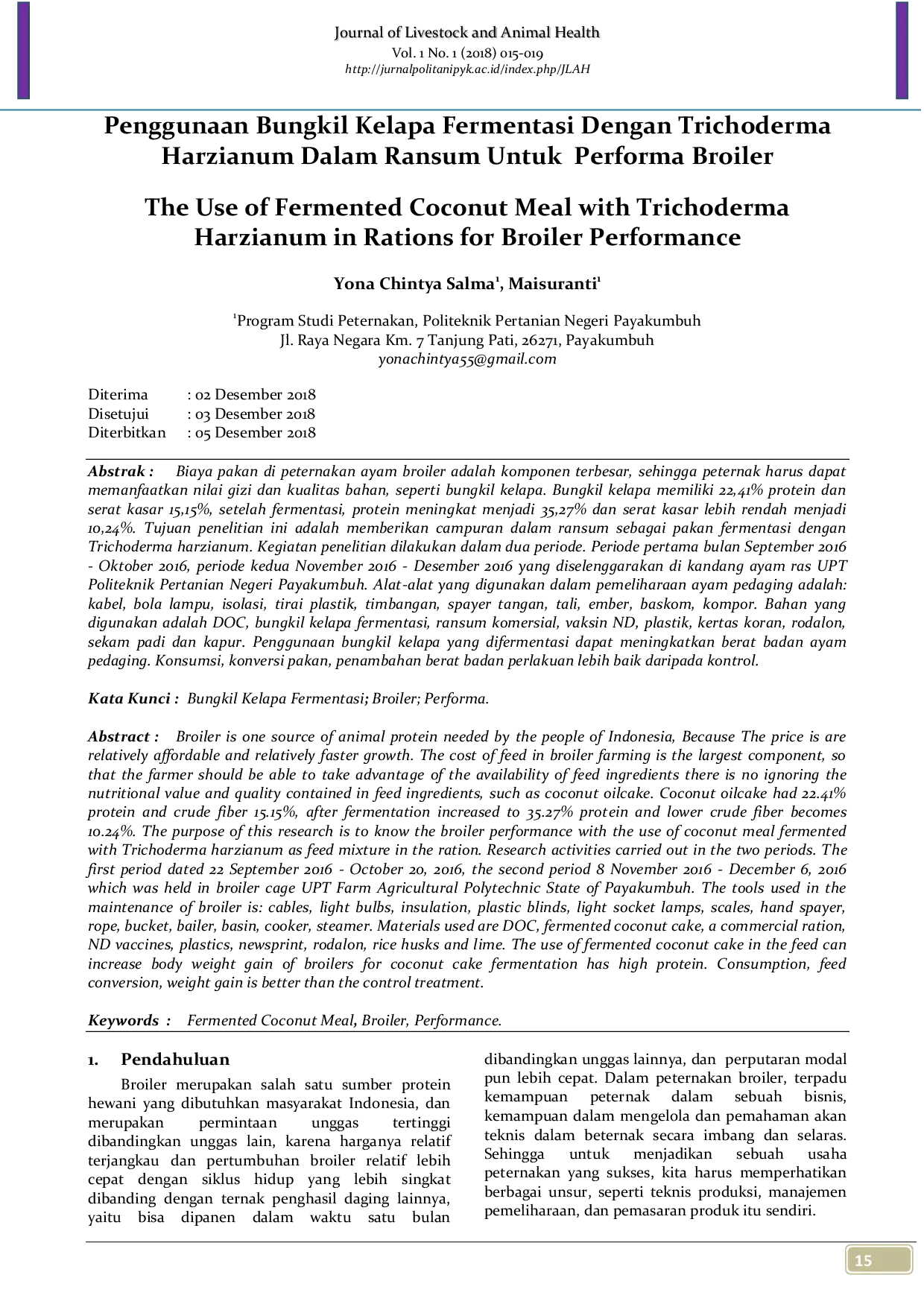 JURIS Penggunaan Bungkil Kelapa Fermentasi Dengan Trichoderma Harzianum Dalam Ransum Untuk Performa Broiler