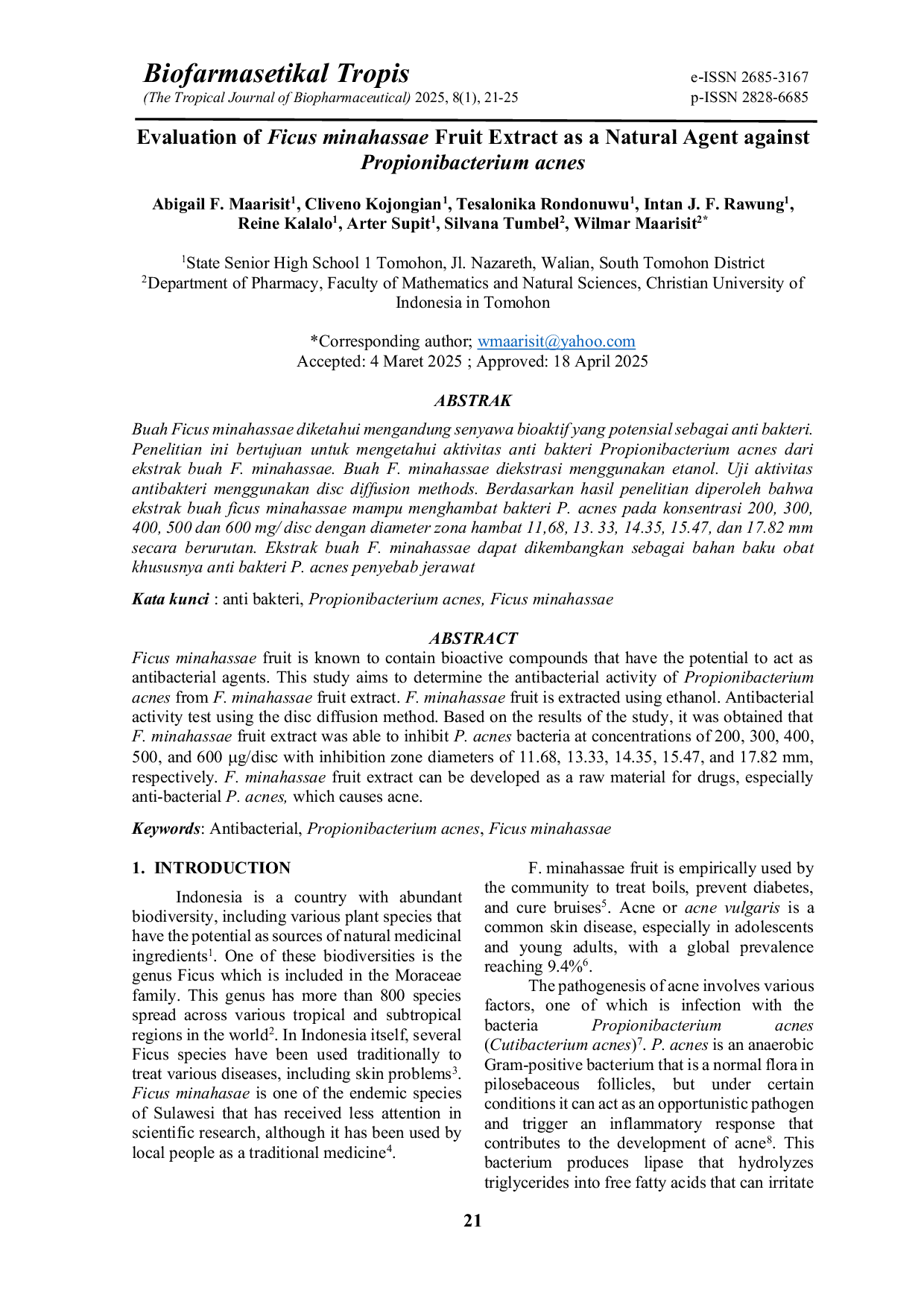 JURIS Evaluation of Ficus minahassae Fruit Extract as a Natural Agent against Propionibacterium acnes