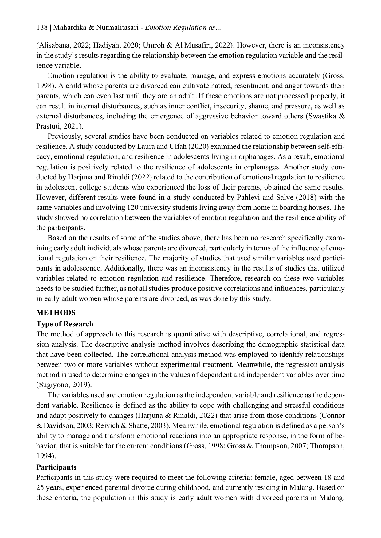 JURIS Emotion Regulation as Predictor of Resilience in Early Adult Women Victims of Parental Divorce