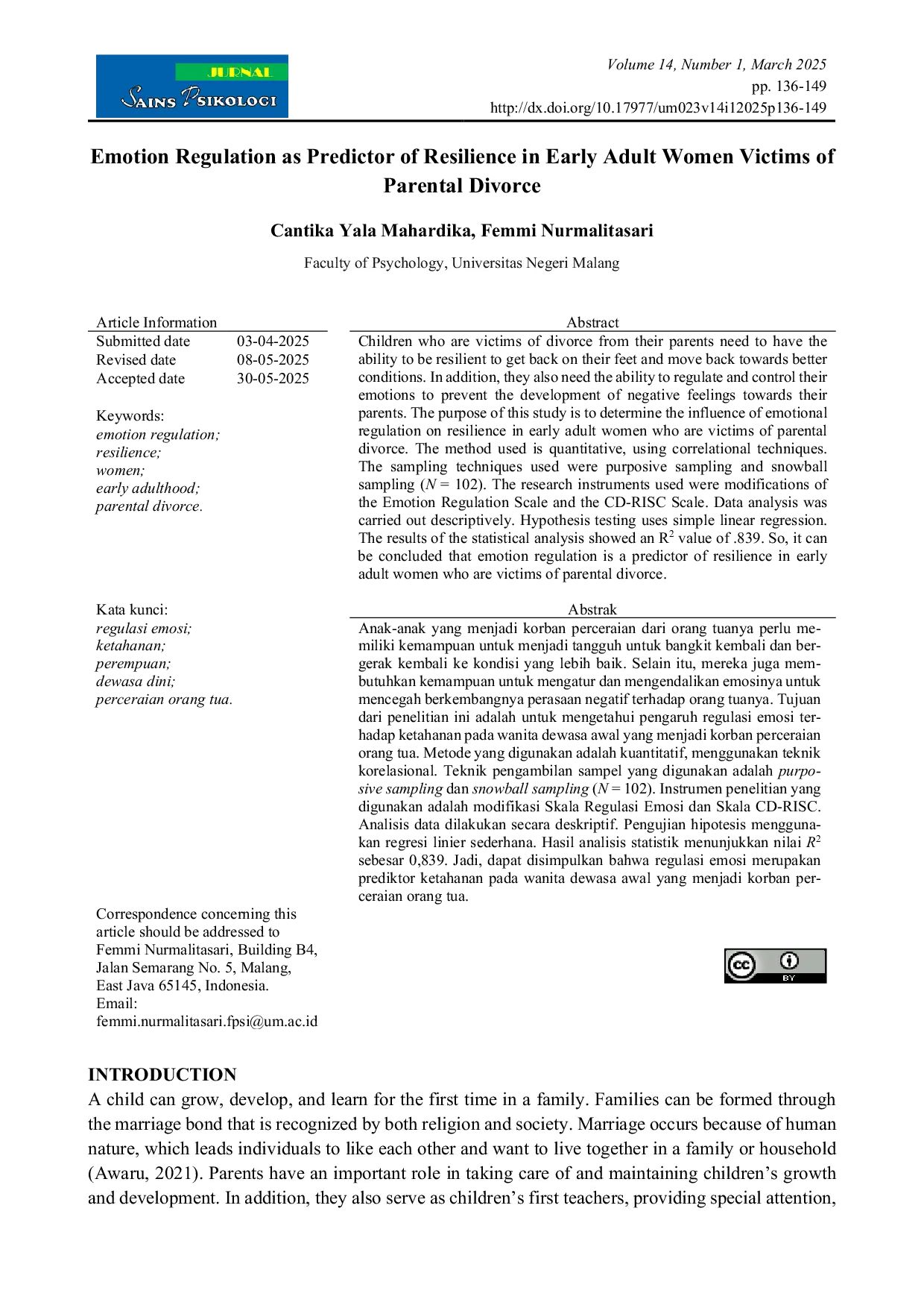 JURIS Emotion Regulation as Predictor of Resilience in Early Adult Women Victims of Parental Divorce