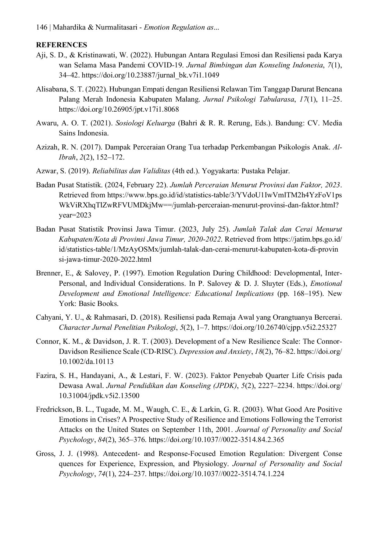 JURIS Emotion Regulation as Predictor of Resilience in Early Adult Women Victims of Parental Divorce