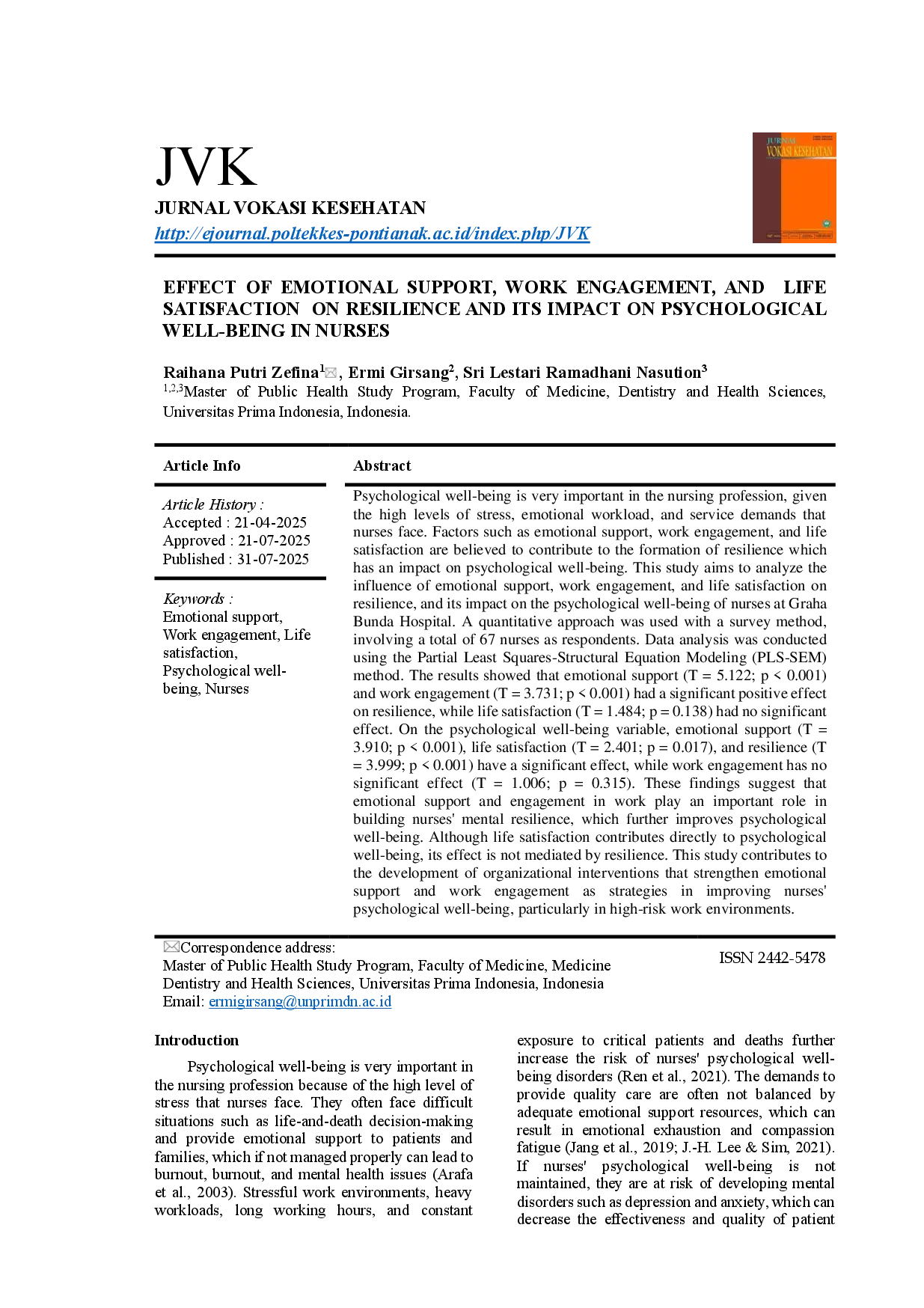 juris Effect Of Emotional Support Work Engagement And Life Satisfaction On Resilience And Its Impact On Psychological Well Being In Nurses