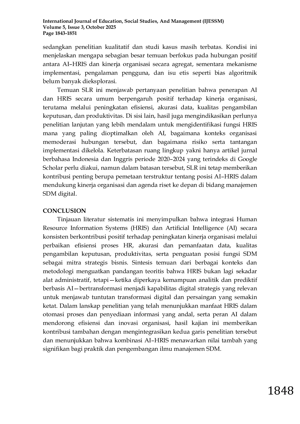 JURIS Tinjauan Literatur Sistematis Pengaruh AI dan HRIS Terhadap Kinerja Organisasi