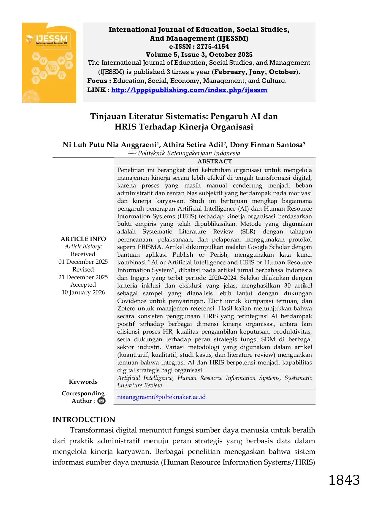 JURIS Tinjauan Literatur Sistematis Pengaruh AI dan HRIS Terhadap Kinerja Organisasi