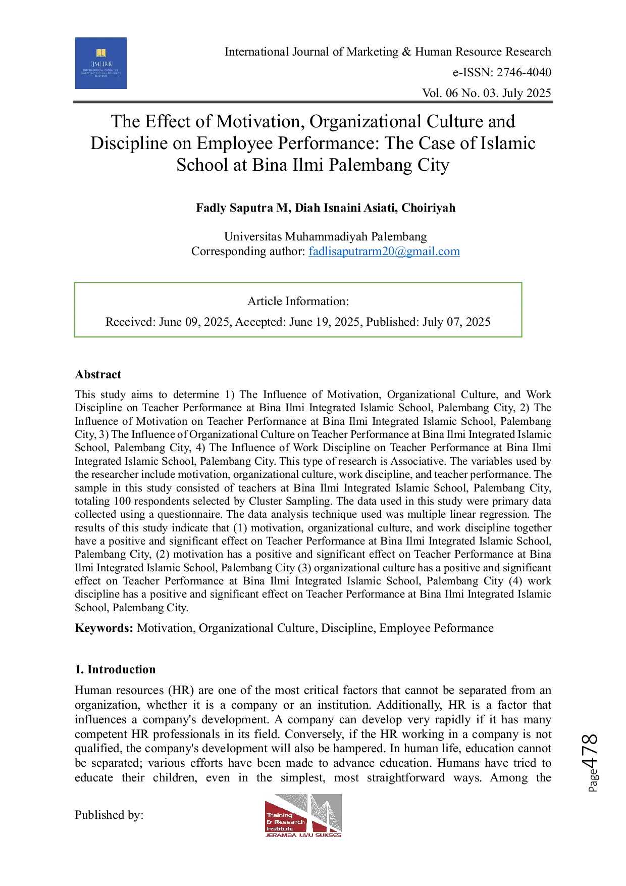 JURIS The Effect of Motivation Organizational Culture and Discipline on Employee Performance The Case of Islamic School at Bina Ilmi Palembang City