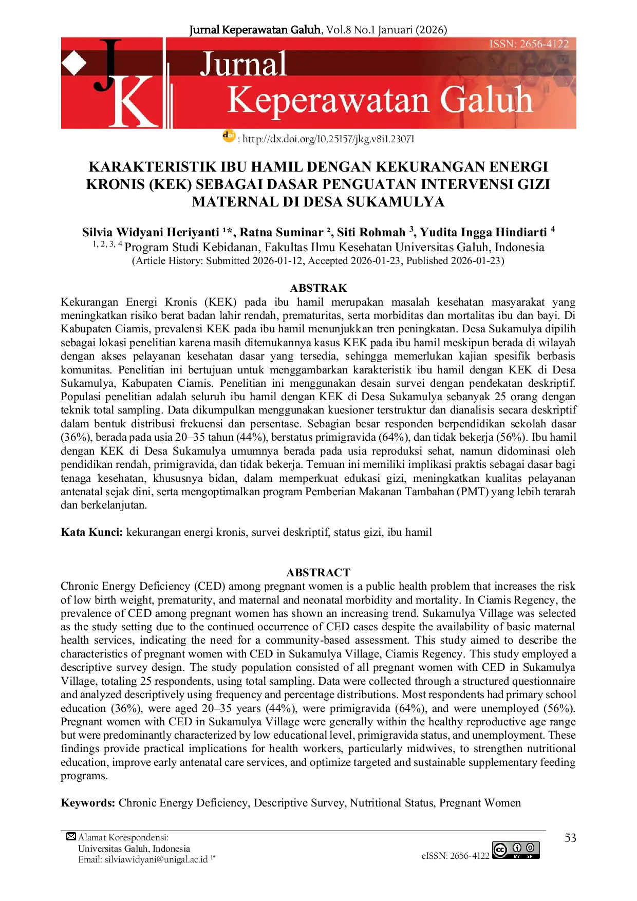 JURIS Karakteristik Ibu Hamil dengan Kekurangan Energi Kronis KEK Sebagai Dasar Penguatan Intervensi Gizi Maternal di Desa Sukamulya